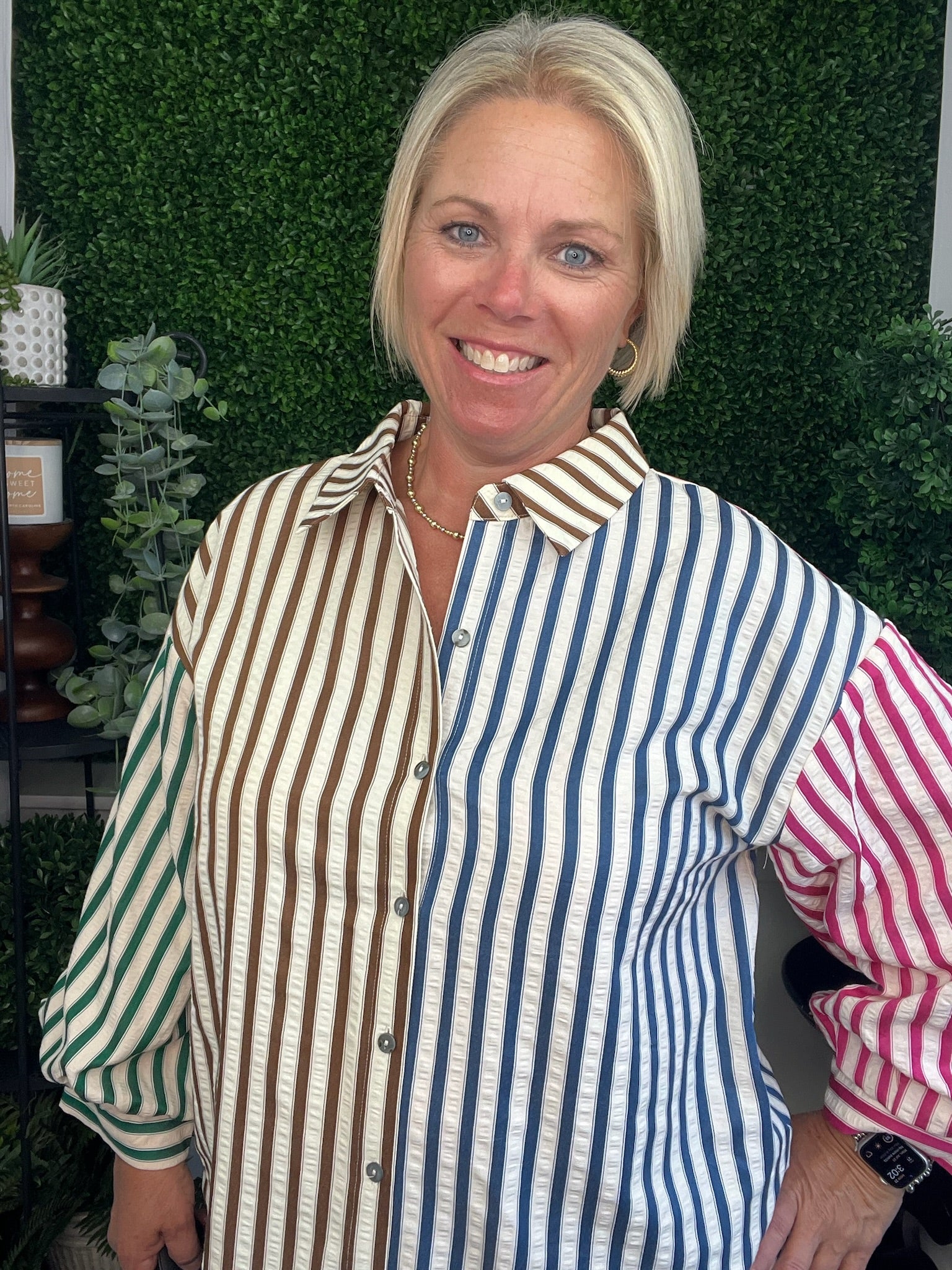 COLORBLOCK STRIPE PATTERN 3/4 SLEEVE BUTTON DOWN TOP - BROWN COMBO