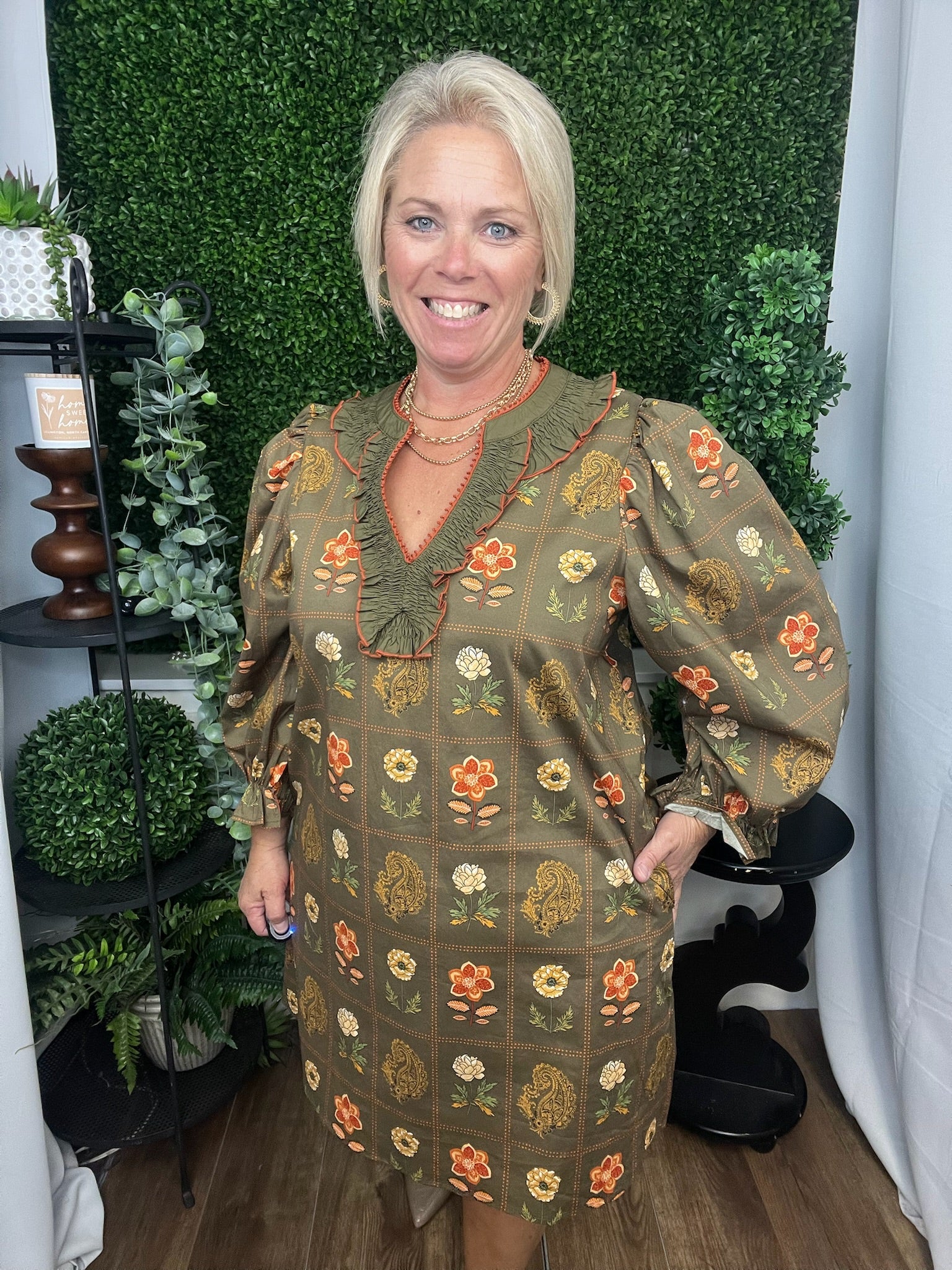 FLORAL PRINT 3/4 PUFF SLEEVE MINI DRESS - OLIVE