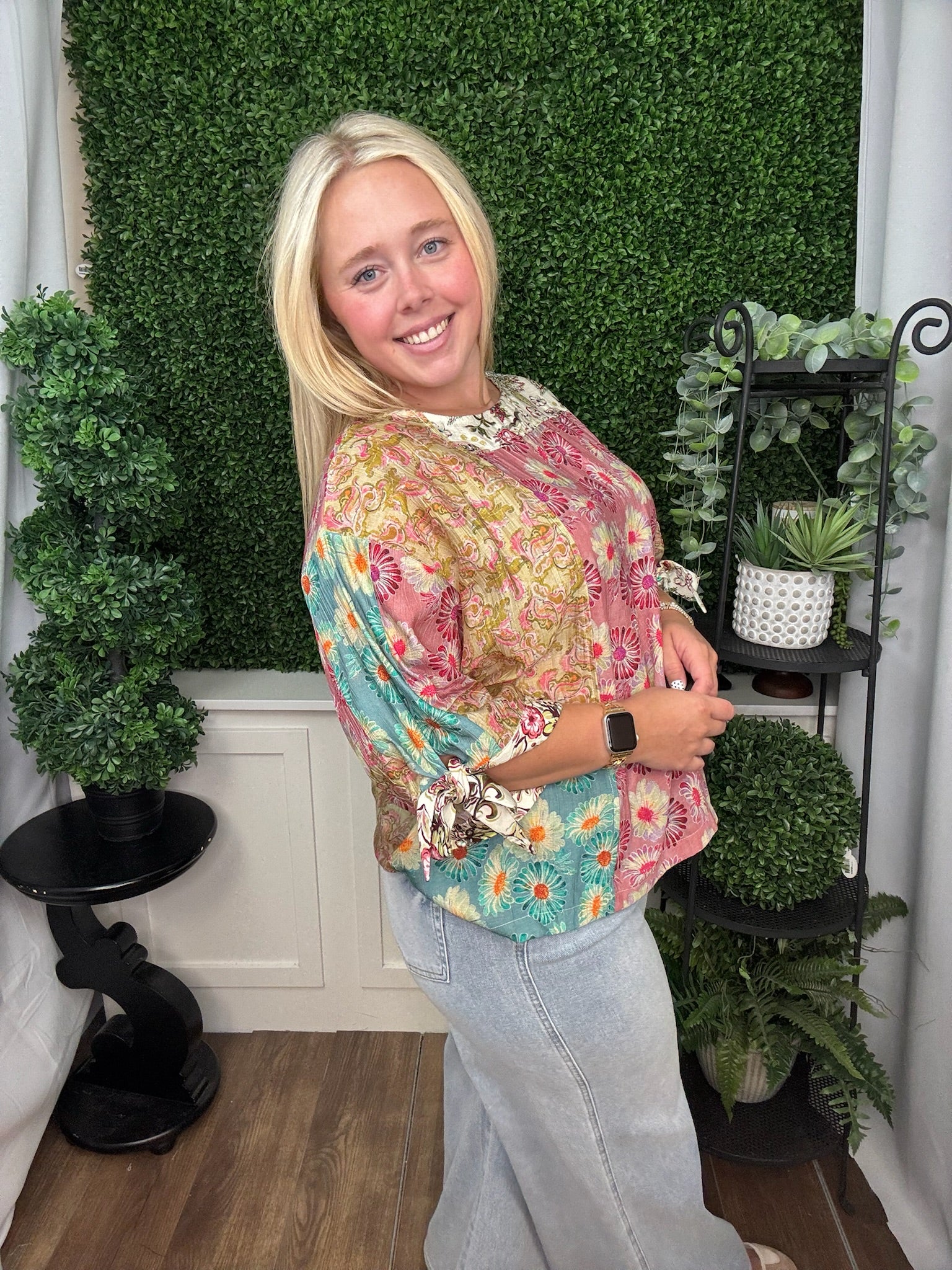 PATCHED PRINT TIE SLEEVE BOXY TOP - MULTI
