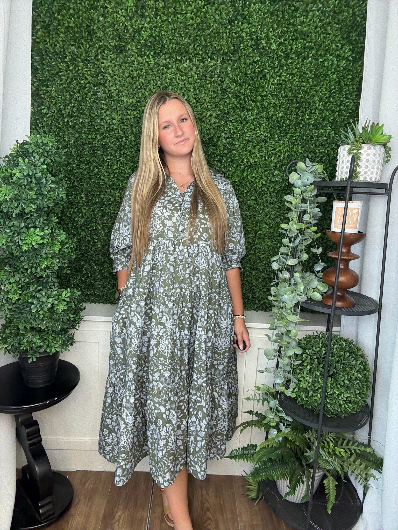 FLORAL PRINT CUFF 3/4 SLEEVE MIDI DRESS - OLIVE