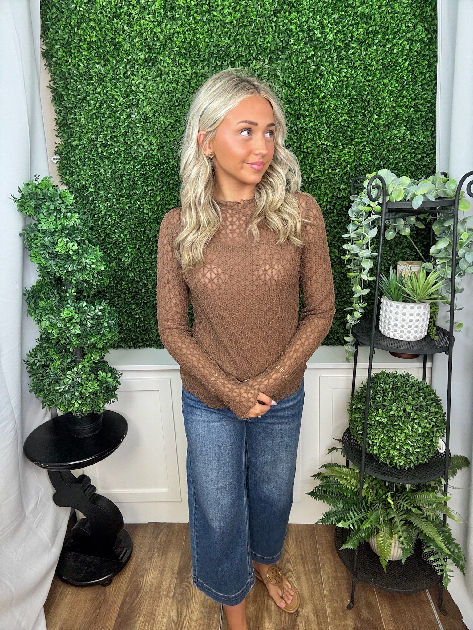 Sheer Lace Long Sleeve Top with Scalloped Hem