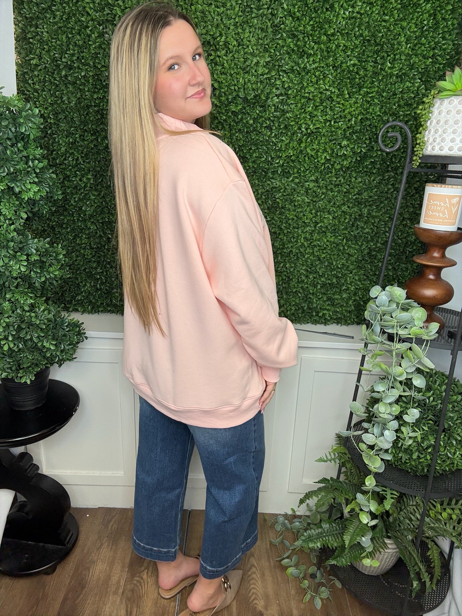 EMBROIDERED MOCK NECK SWEATSHIRT - BLESSED- BABY PINK