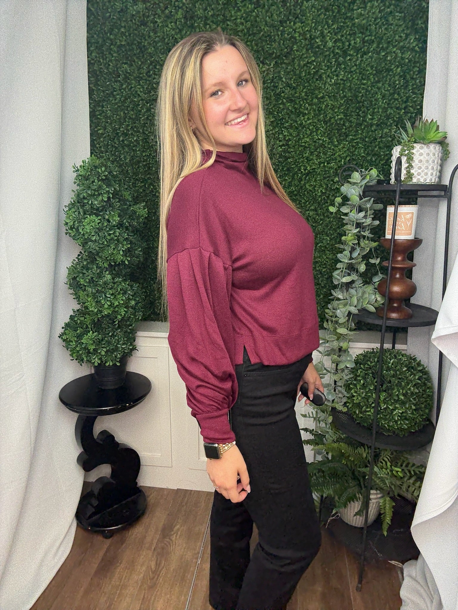 SOLID LS MOCK NECK KNIT TOP - RUBY