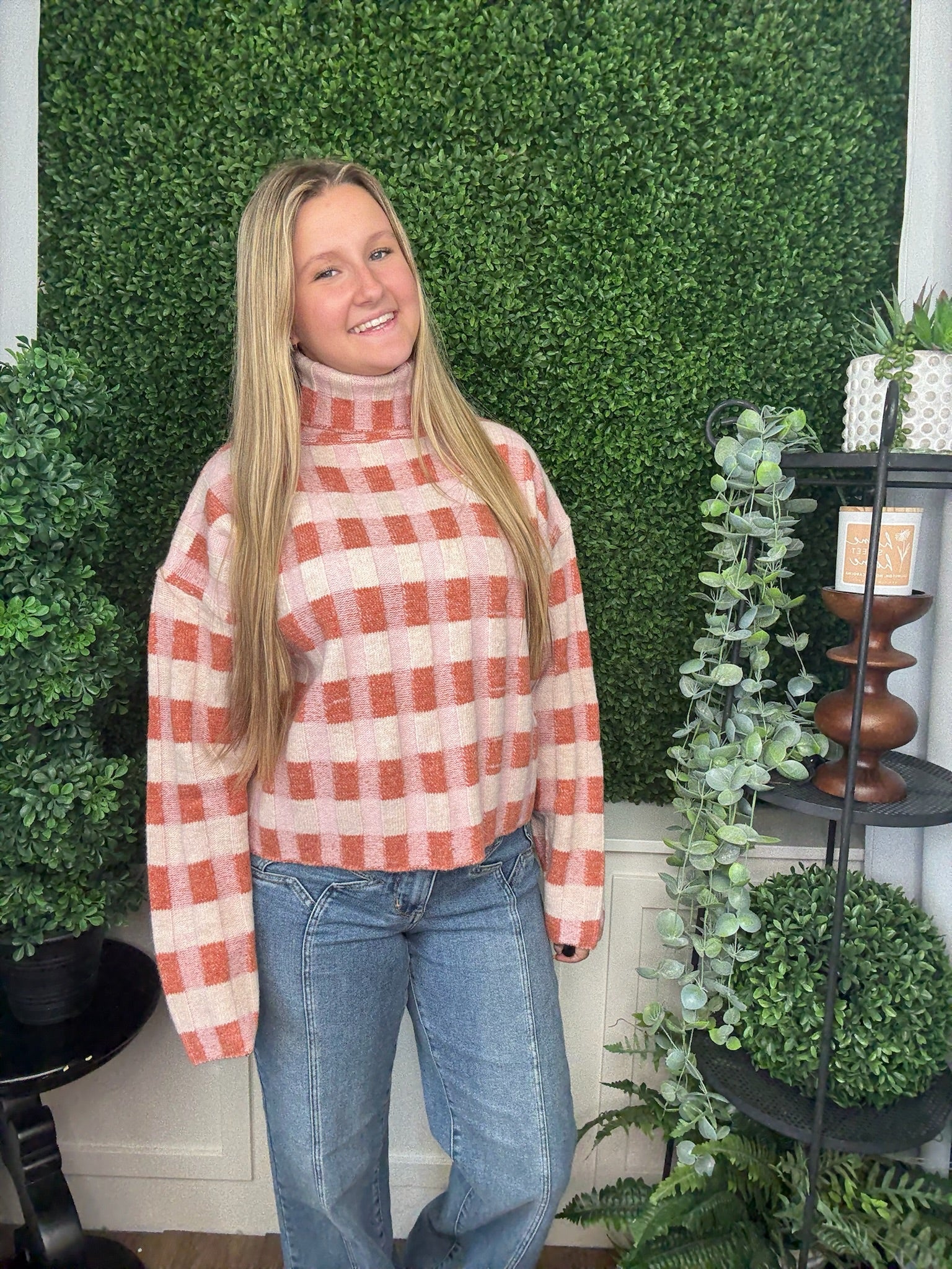 CHECKERED TURTLENECK SWEATER - RUST MULTI