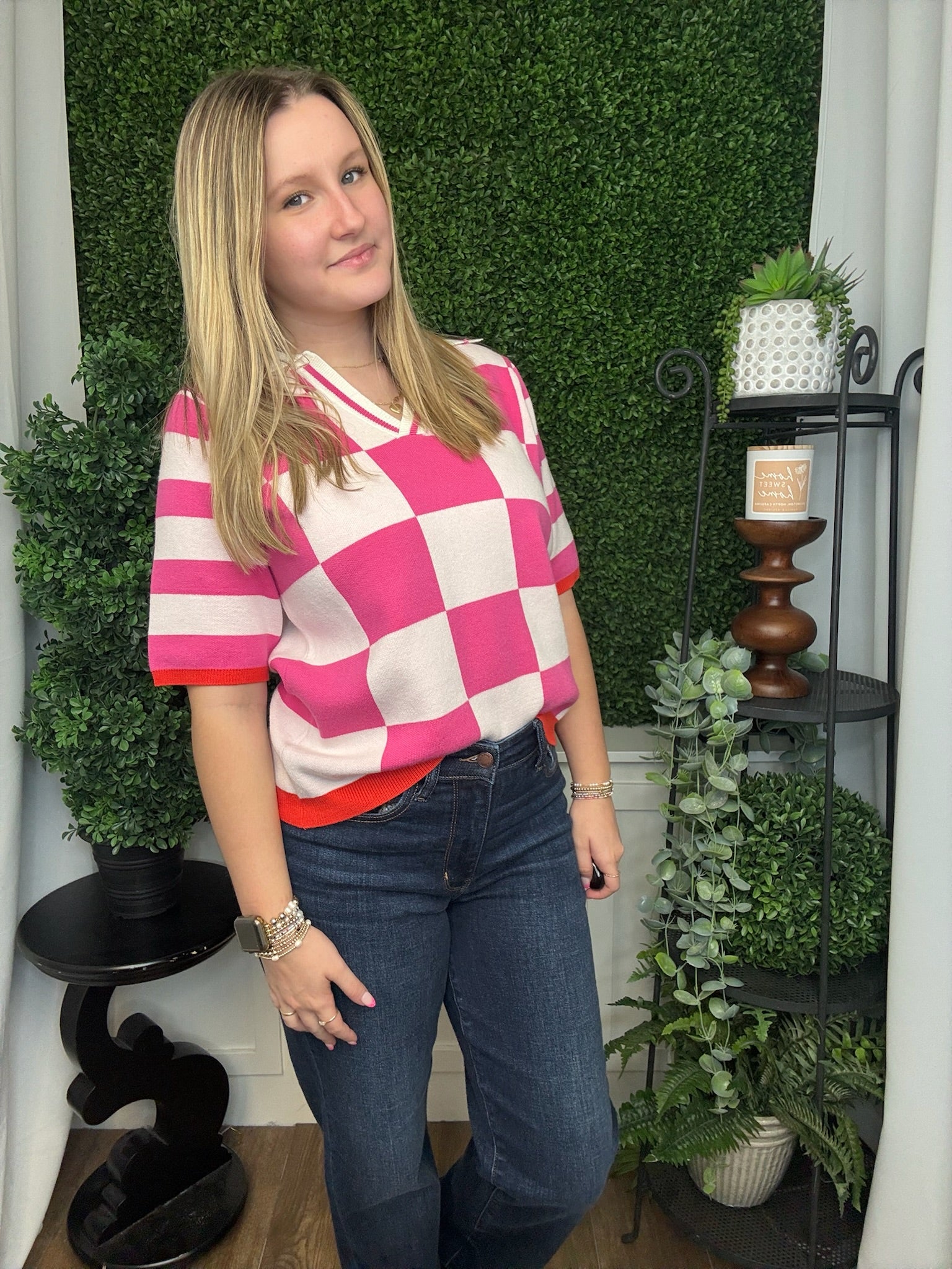 CHECK PATTERN CASUAL SWEATER TOP - HOT PINK