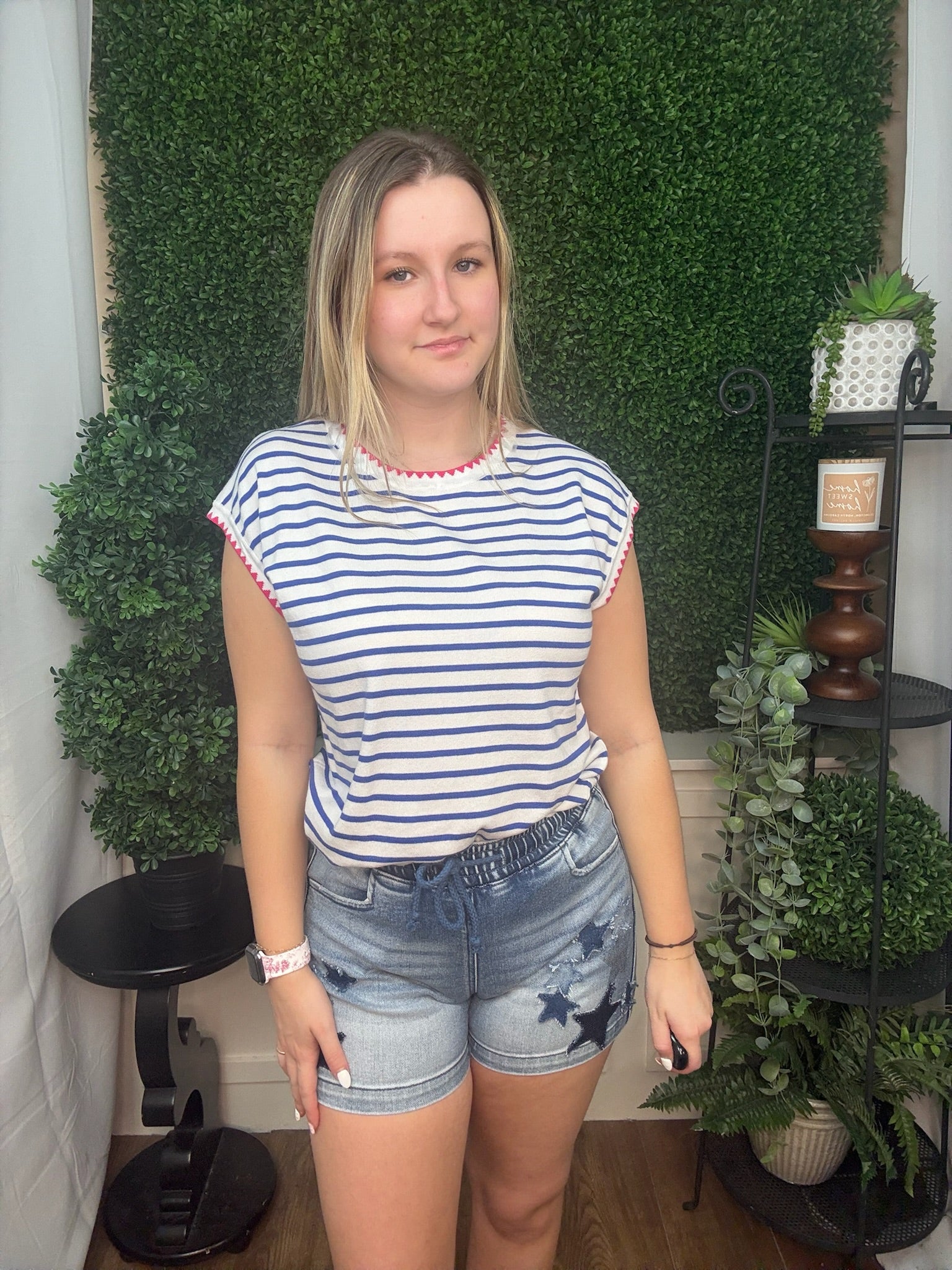 Classic Blue Stripe Knit Top with Pink Detail