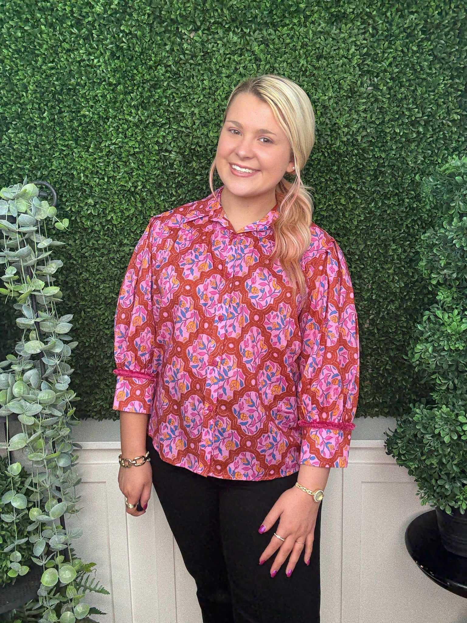 COLLARED PRINT BUTTON UP MULTI