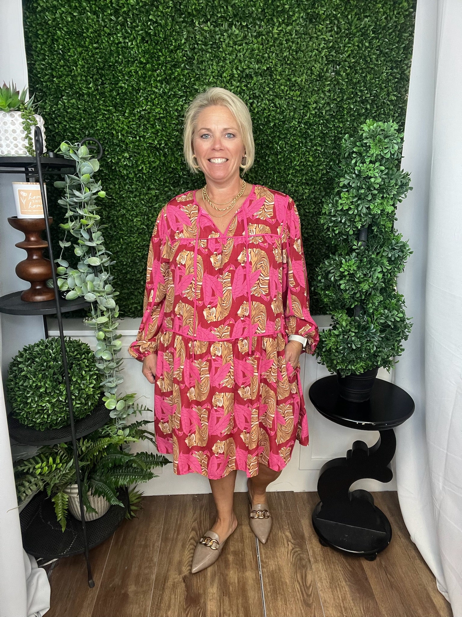 ANIMAL PRINTED WOOL TIERED DRESS - RASPBERRY