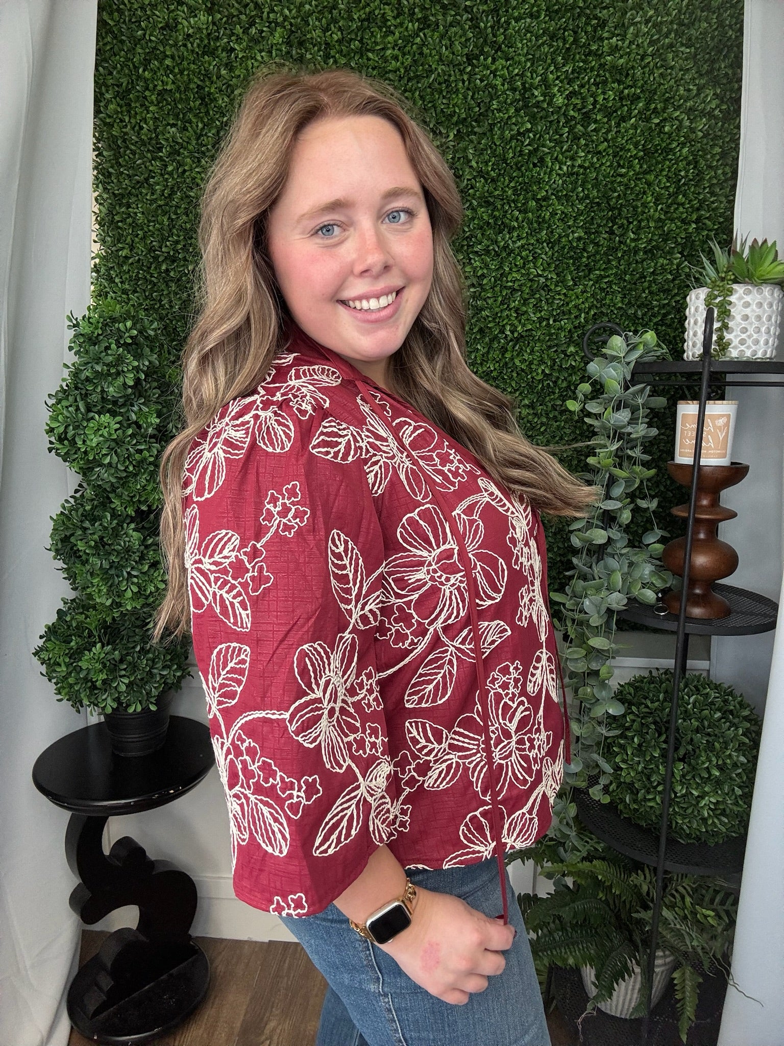 V-NECK WIDE SLV BLOUSE - BURGUNDY