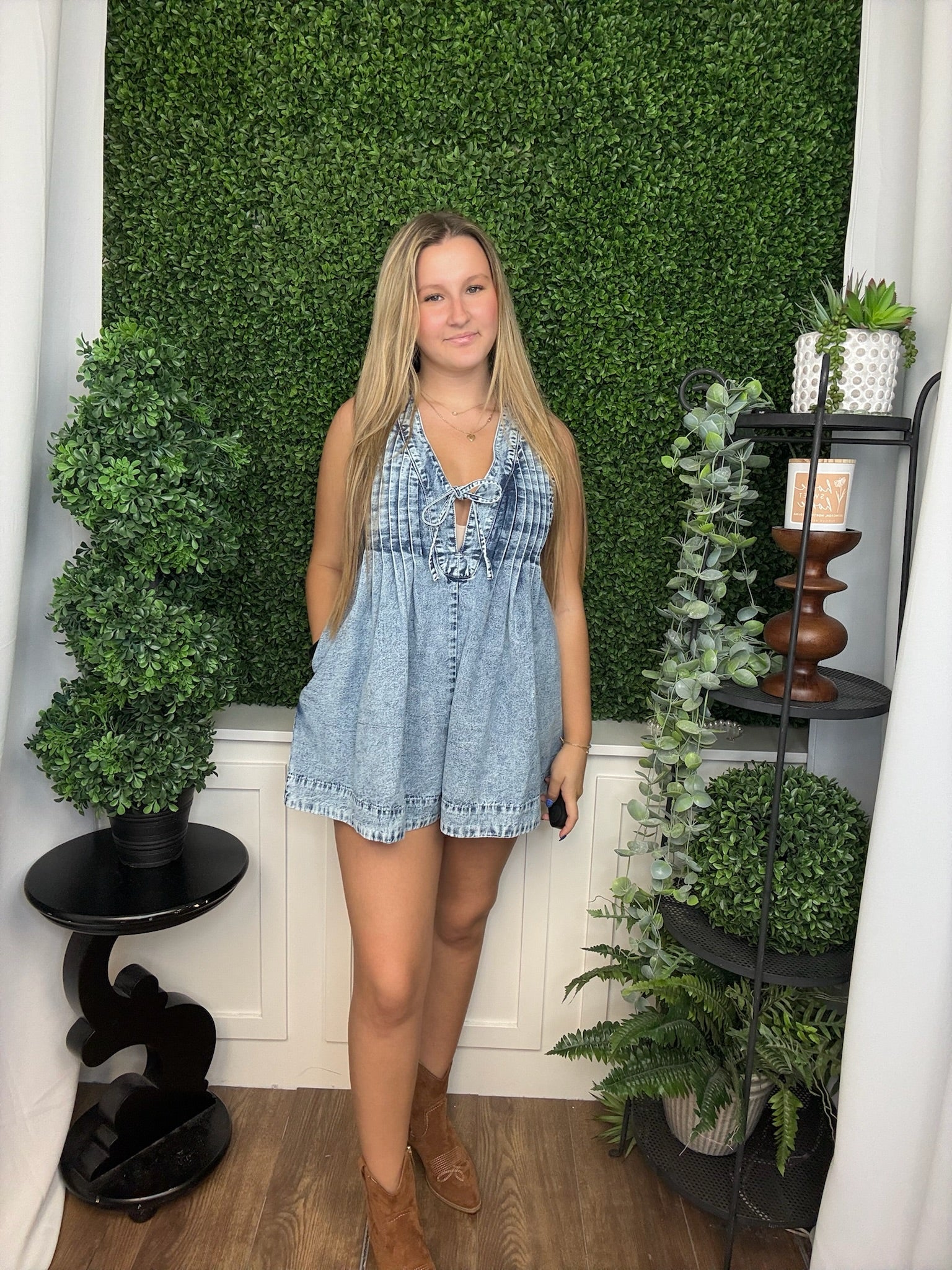 FRONT PLEATED VNECK SLEEVELESS DENIM ROMPER - MEDIUM WASH