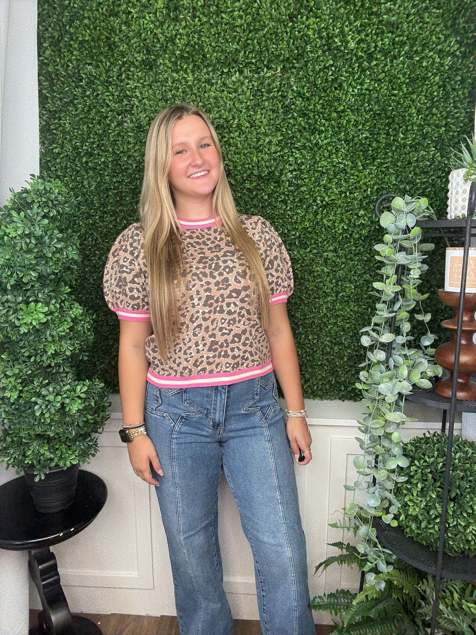 LEOPARD PATTERN SHORT PUFF SLEEVE KNIT TOP