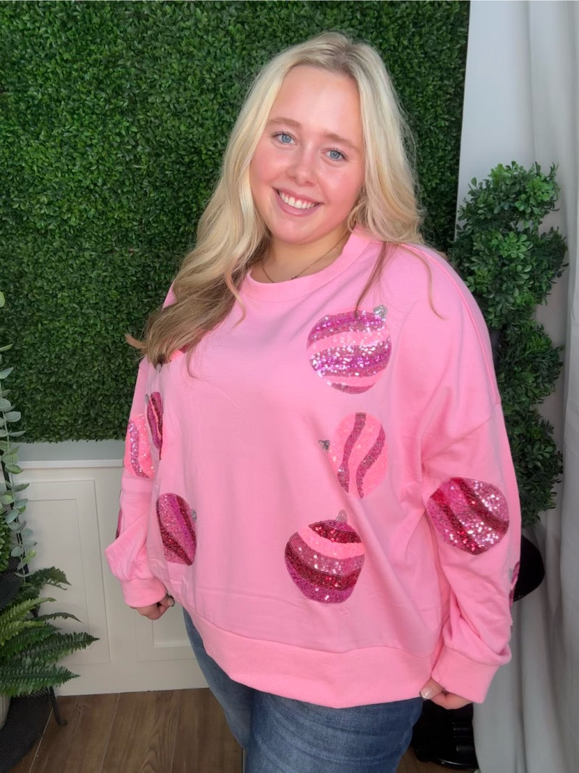 CHRISTMAS ORNAMENTS SEQUIN OVERSIZED SWEATSHIRT - PINK