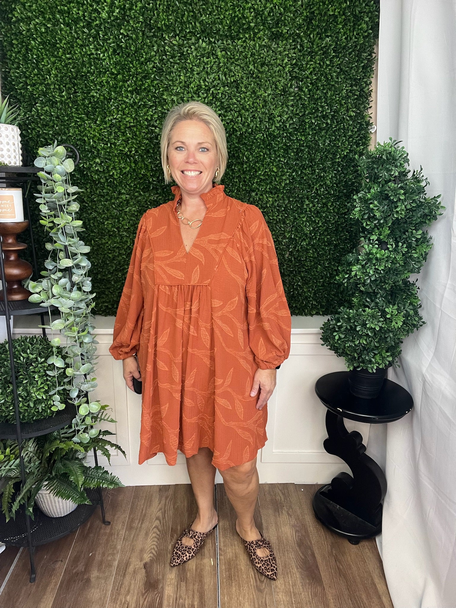 JACQUARD HIGH RUFFLE NECK DRESS - RUST