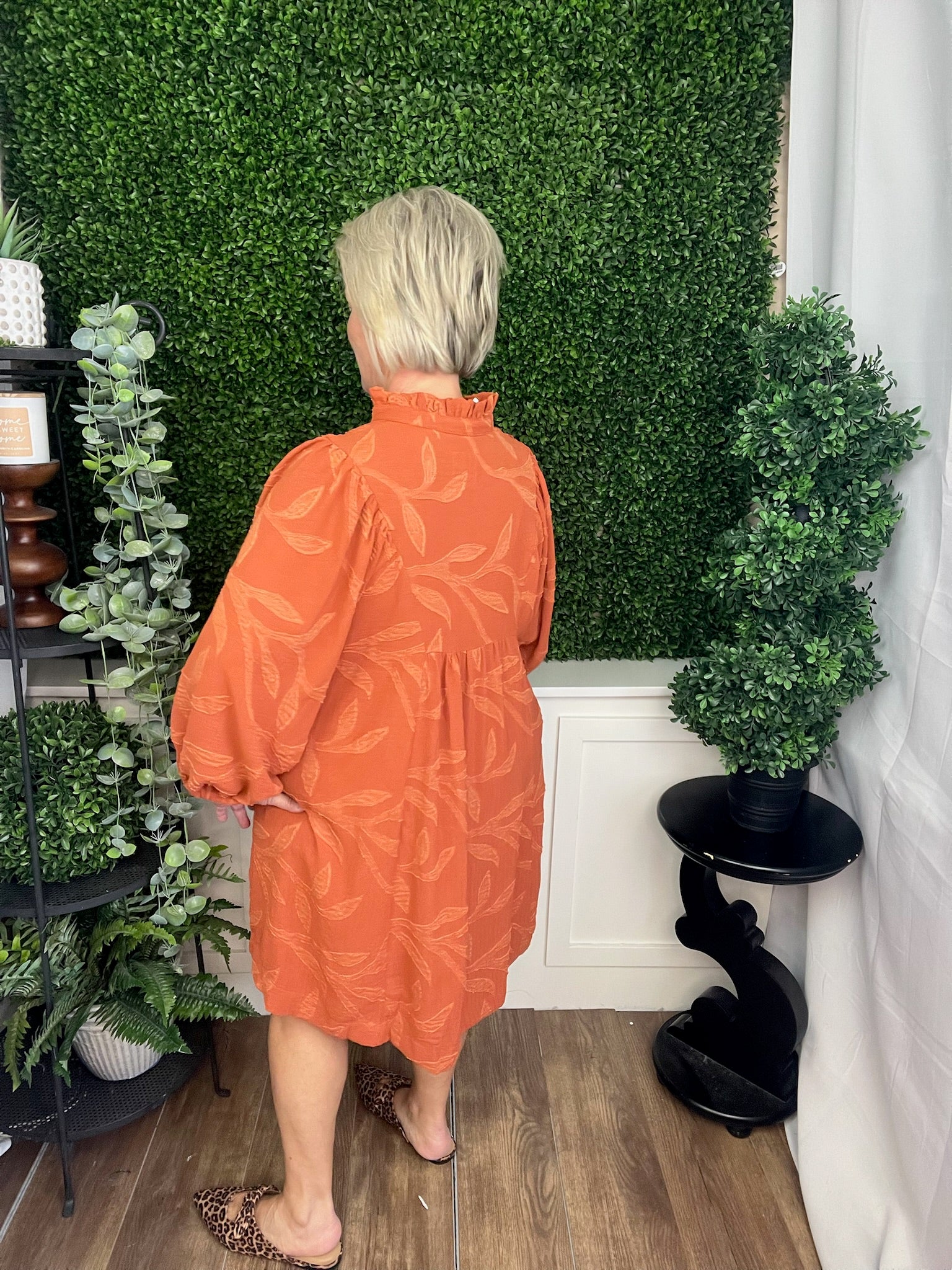 JACQUARD HIGH RUFFLE NECK DRESS - RUST