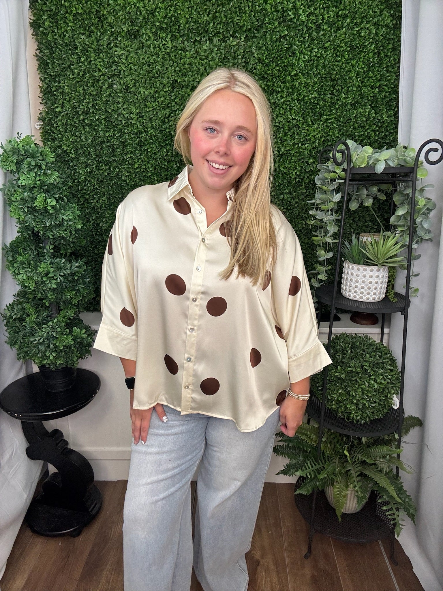 POLKA DOT BUTTON FRONT BLOUSE - BURGUNDY/CREAM