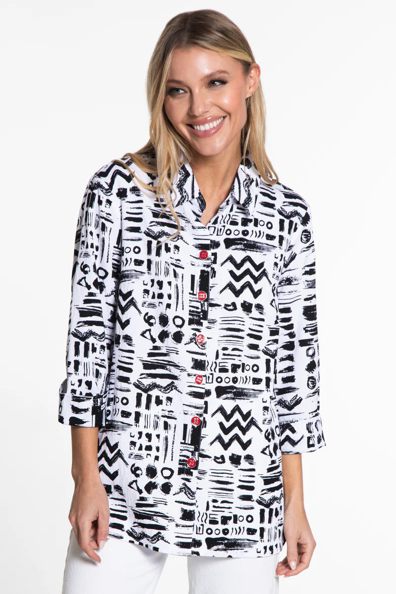WOVEN BUTTON FRONT TUNIC W/3/4 BELL CUFF SLEEVES - BLACK/WHITE