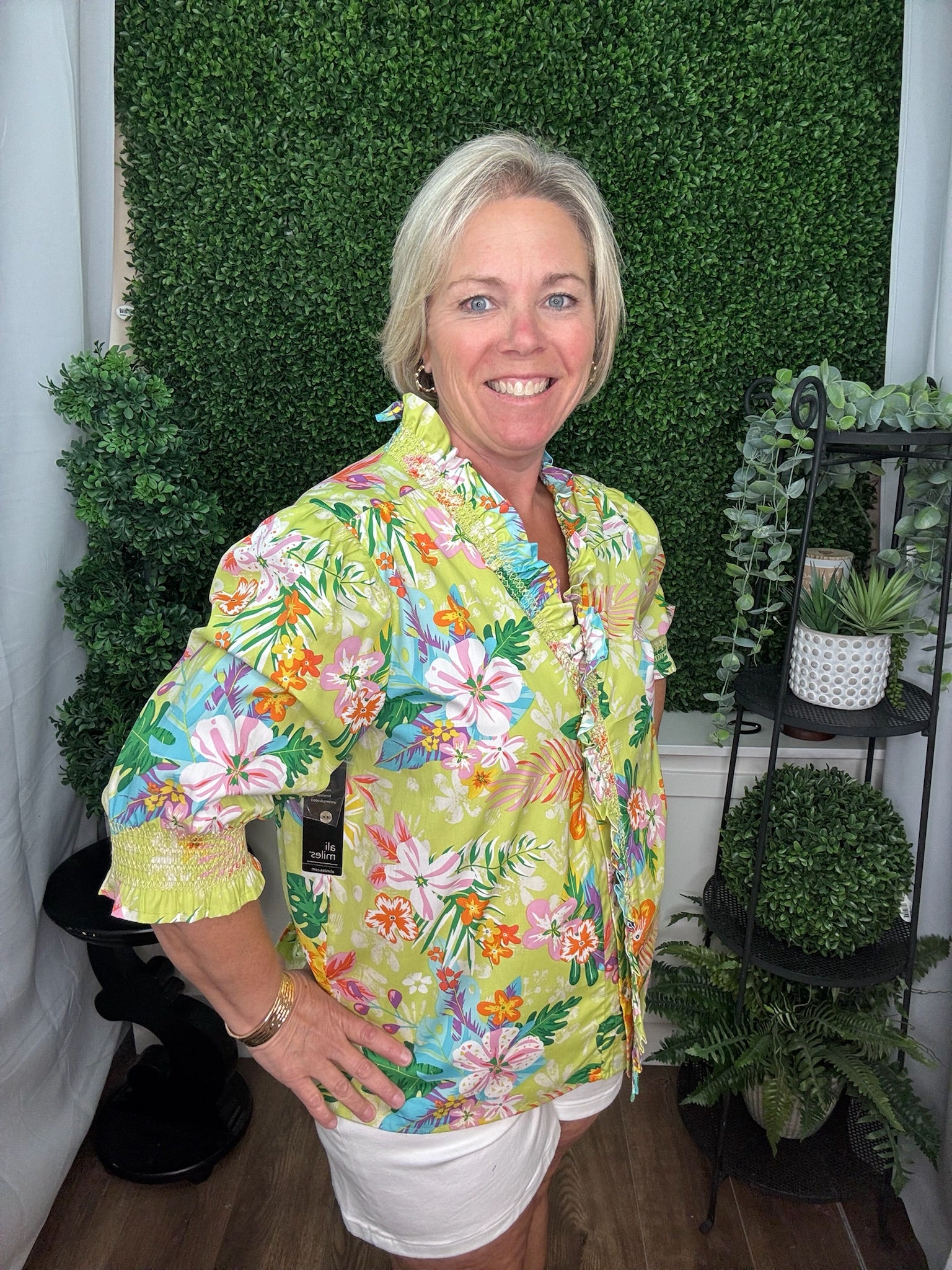 WOVEN BUTTON FRONT, RUFFLE NECKLINE, 3/4 RUFFLE SLEEVES TOP - FLORAL MULTI