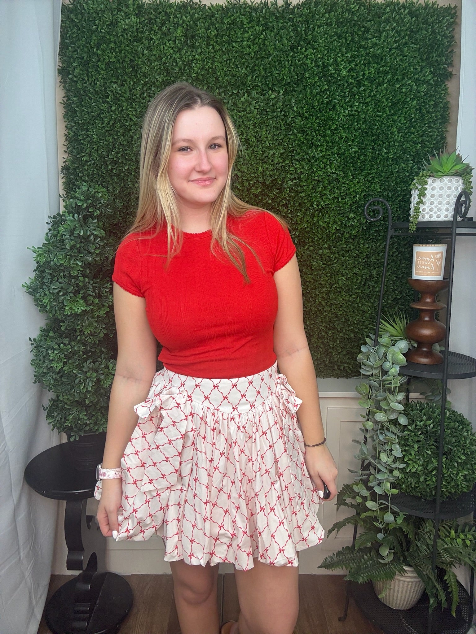 Bow Detail Pleated Mini Skirt - Off White/Red