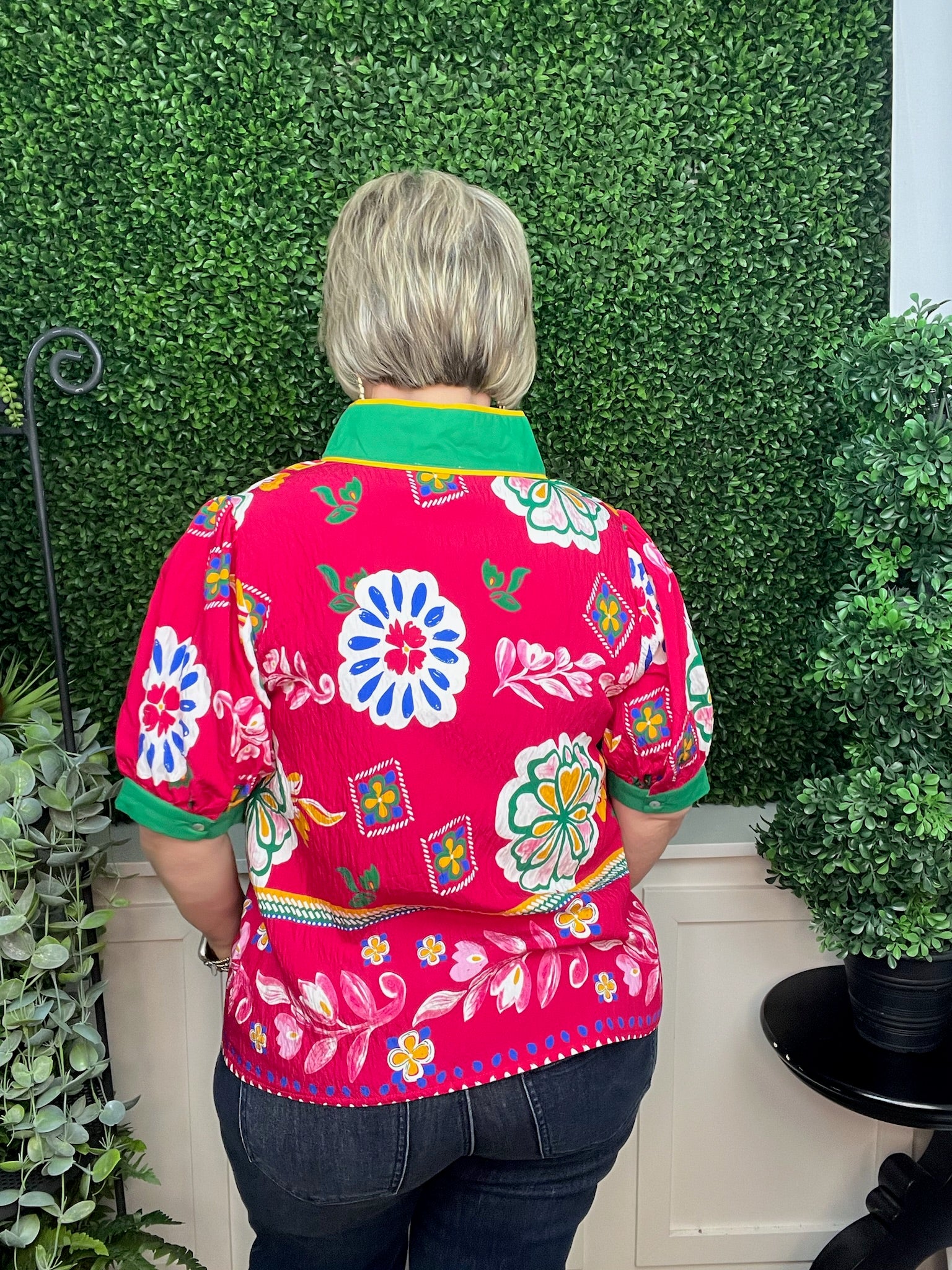 STANDING NECKLINE BOHO FLORAL TOP - FUCHSIA