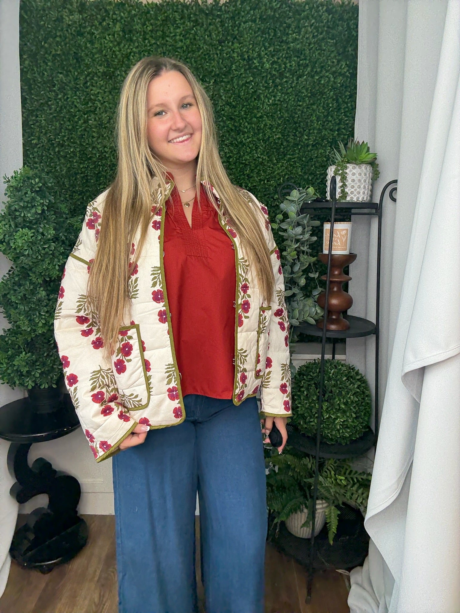 BOTANICAL QUILTED JACKET - RED ECRU