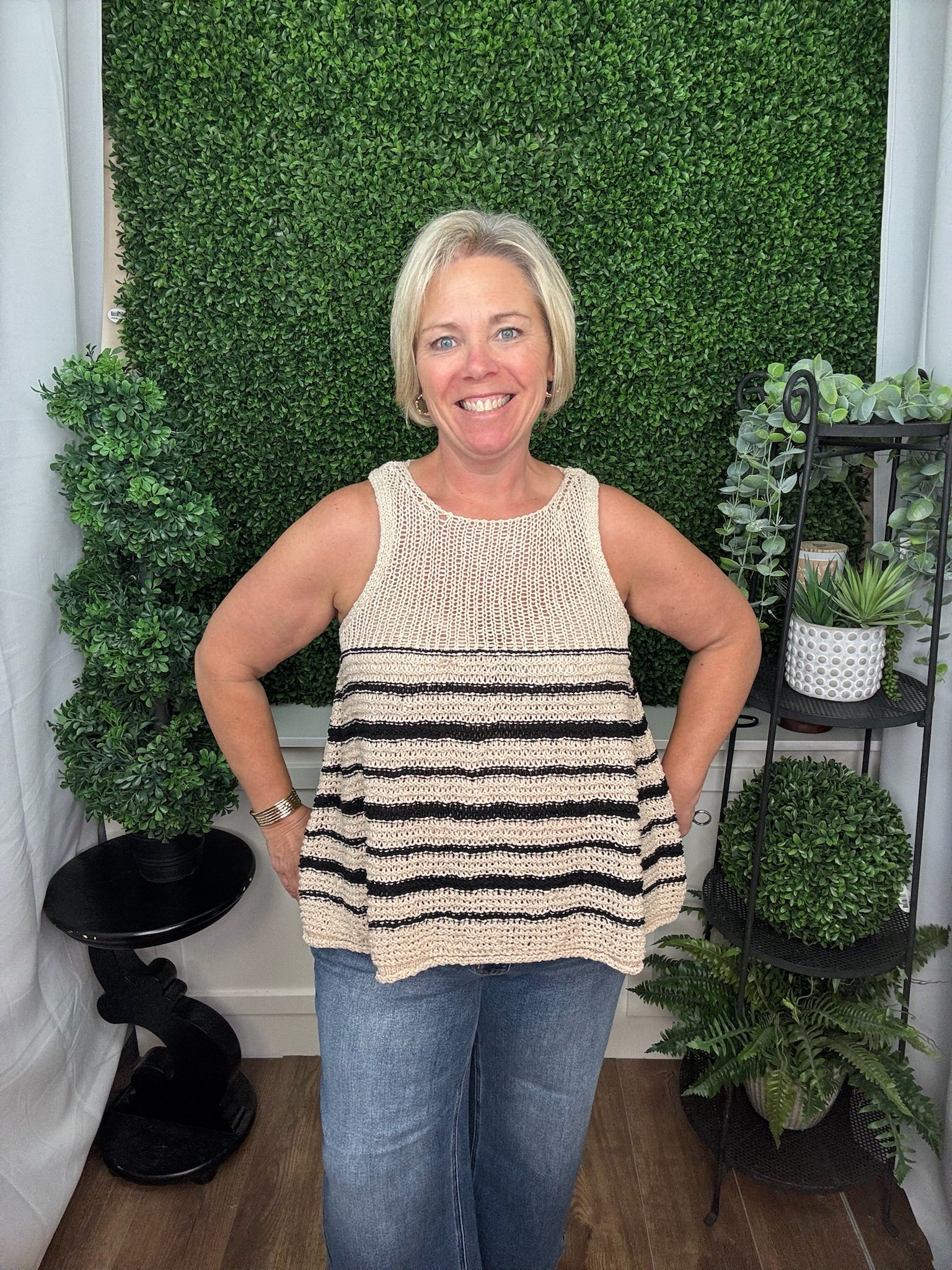 Relaxed Fit Striped Crochet Knit Tank - Oatmeal/Black