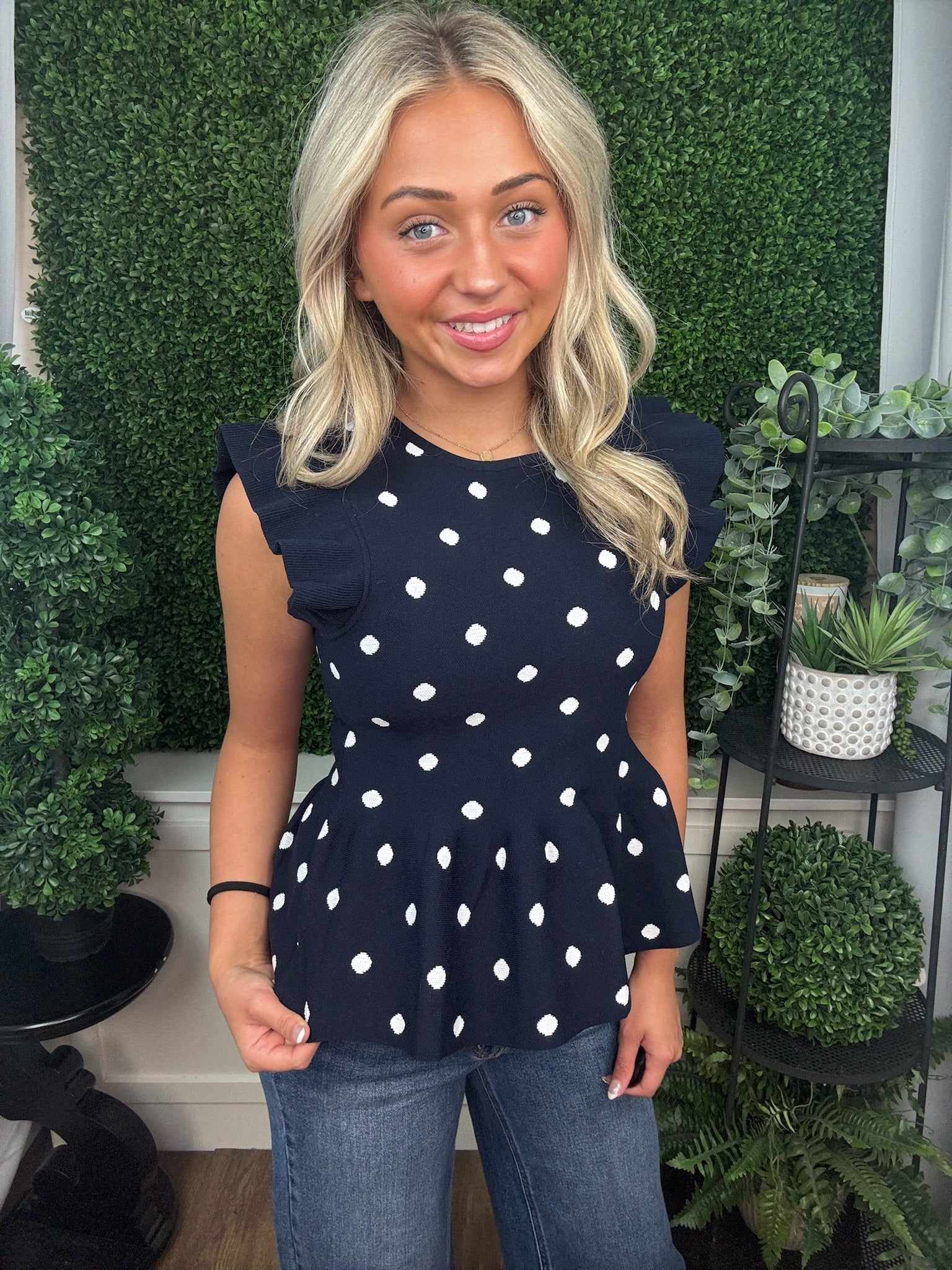 Navy Polka Dot Ruffle Sleeve Peplum Top