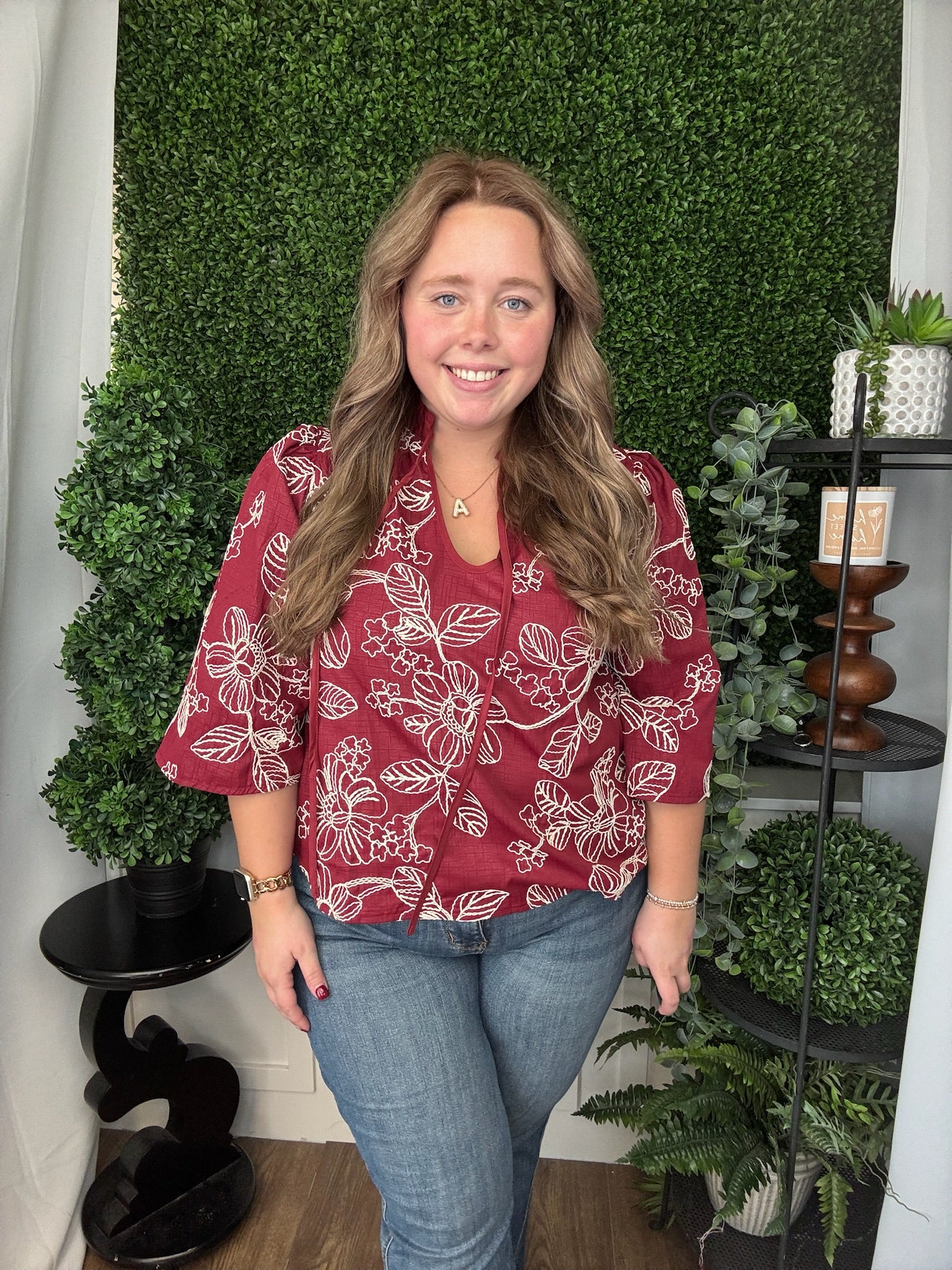 V-NECK WIDE SLV BLOUSE - BURGUNDY