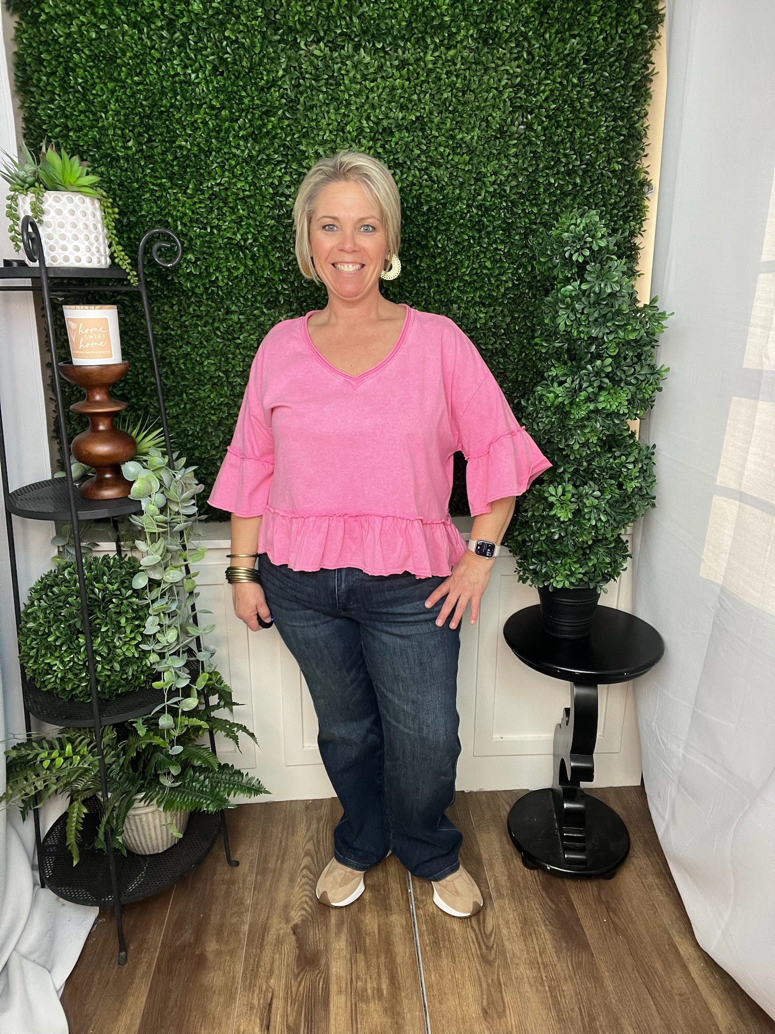 Pink Solid Washed Ruffle Hem Knit Top