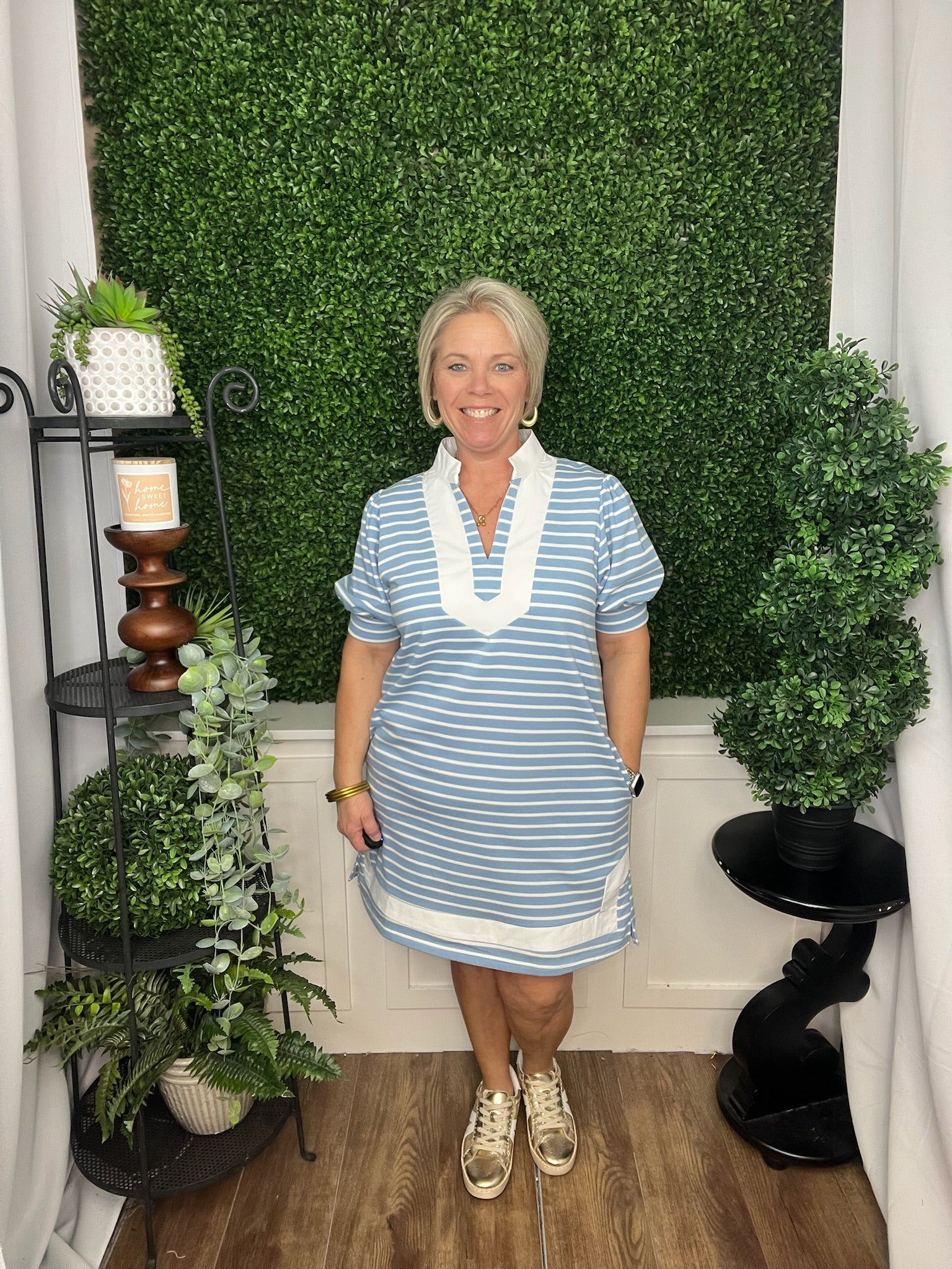 BLUE STRIPPED DRESS WITH WHITE TRIM