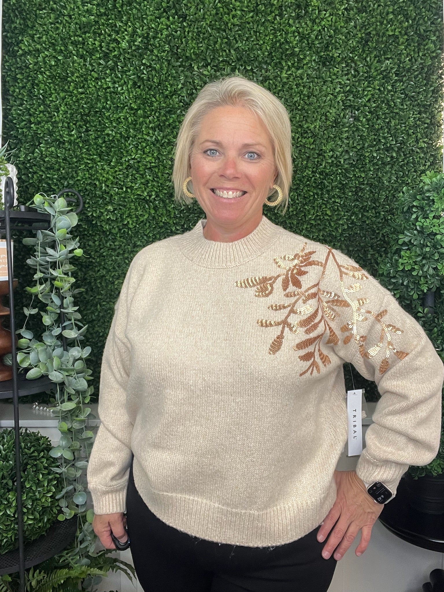 LS MOCK NECK SWEATER W/SEQUINS - H LATTE