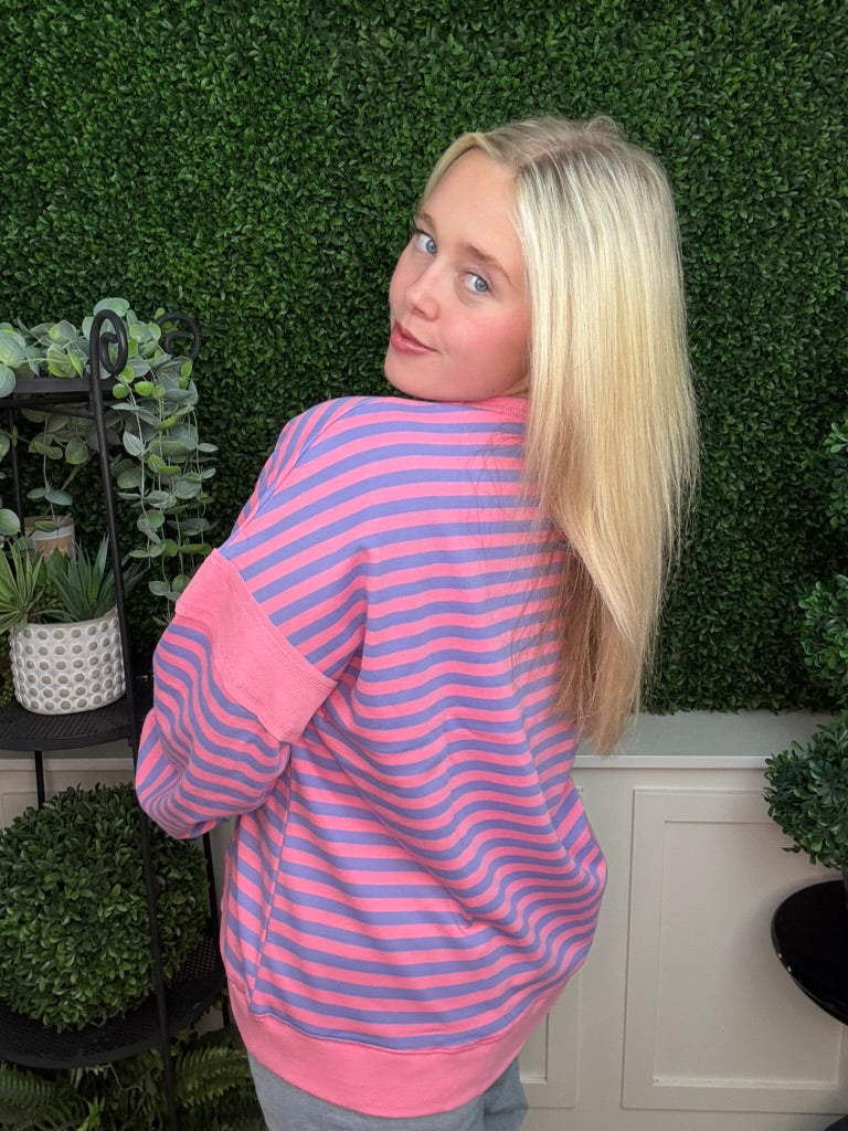 STRIPED COLOR BLOCK POCKET SWEATSHIRT - RED CREAM/ PINK LAVENDER/ ROYAL BLUE OAT