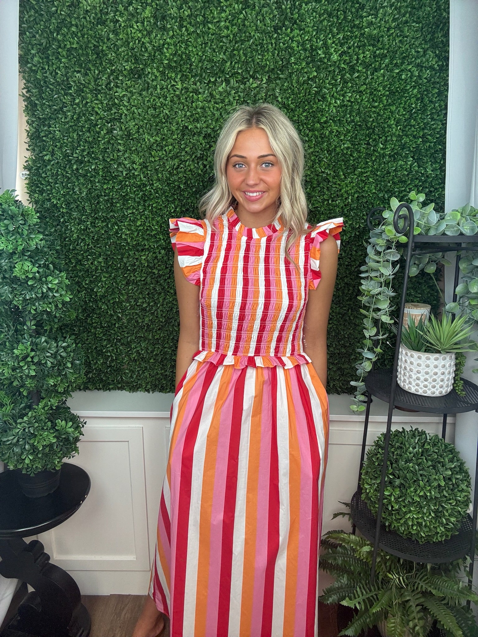 Striped Midi Dress with Ruffle Sleeves and Tie Waist