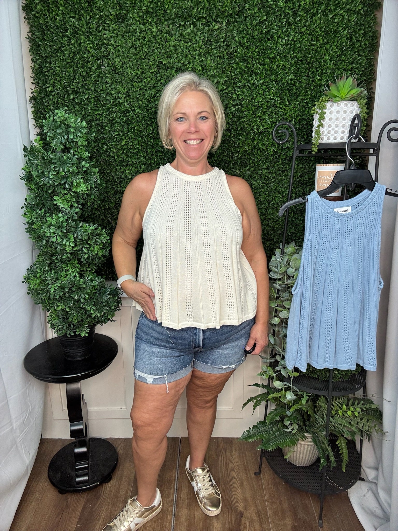 Blue Pointelle Knit Sleeveless Top