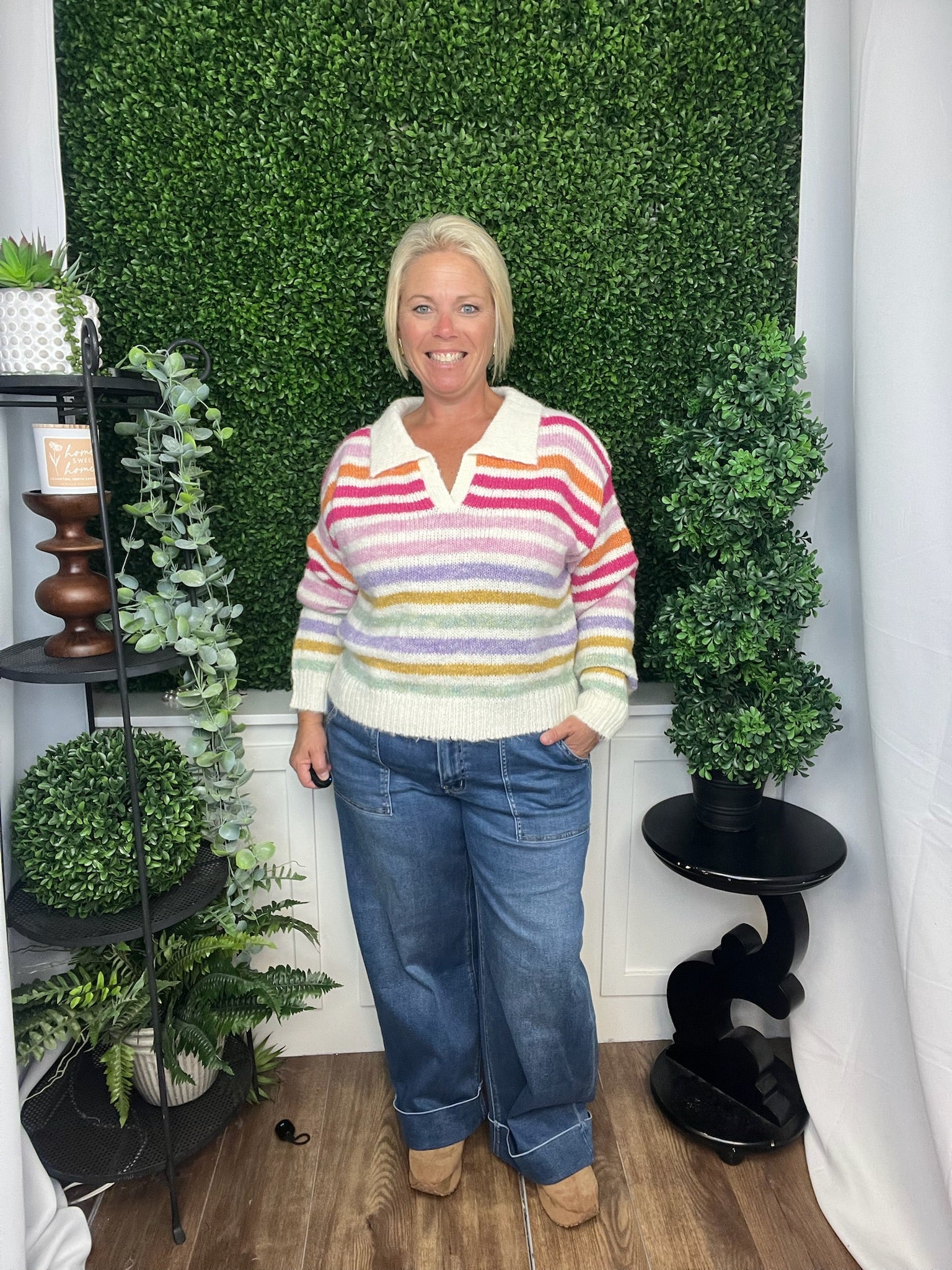 MULTI COLOR STRIPED SWEATER TOP - PINK/BLUSH MULTI