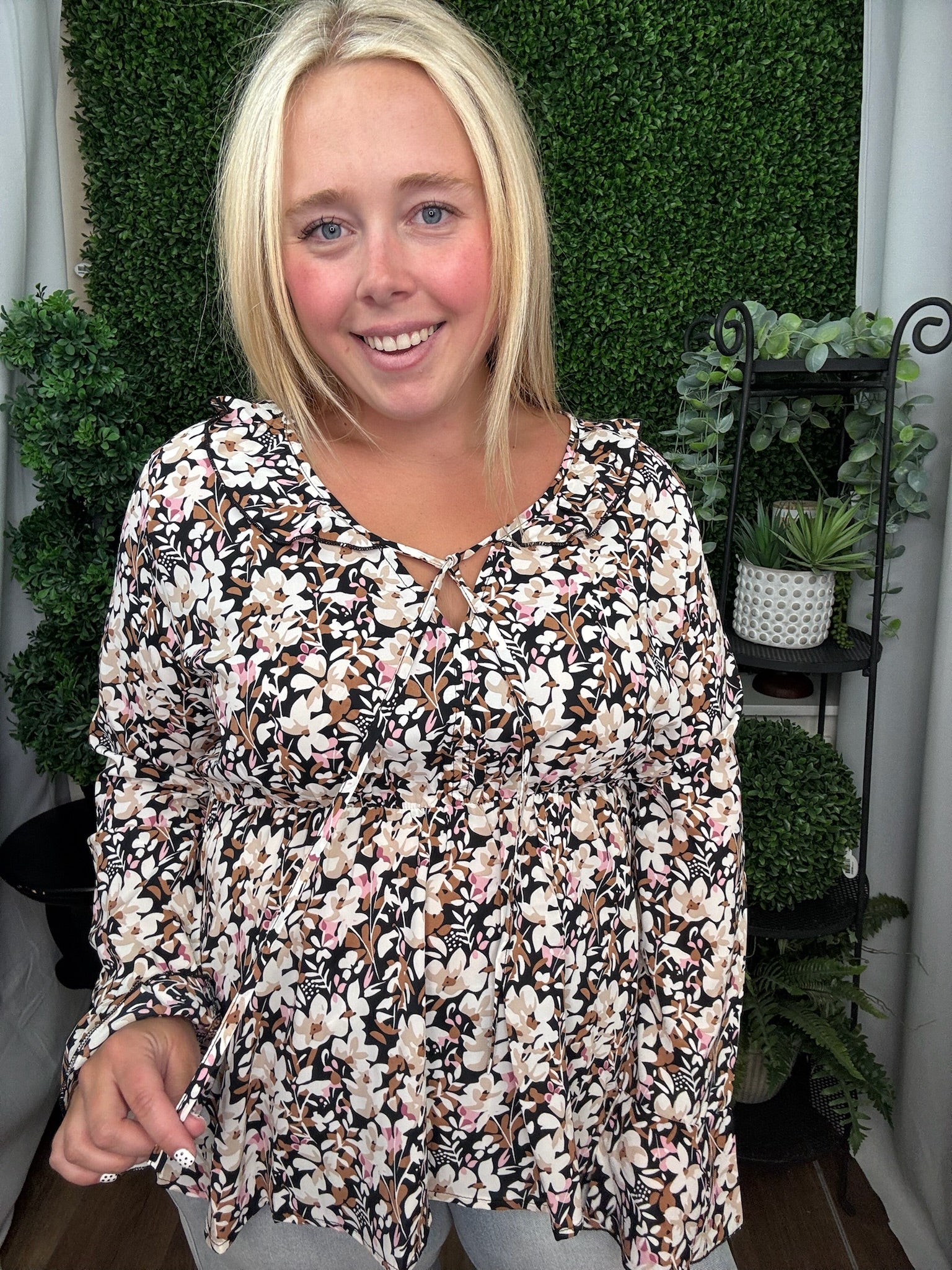 Peplum Blouse with Ruffle Detail - Black Floral