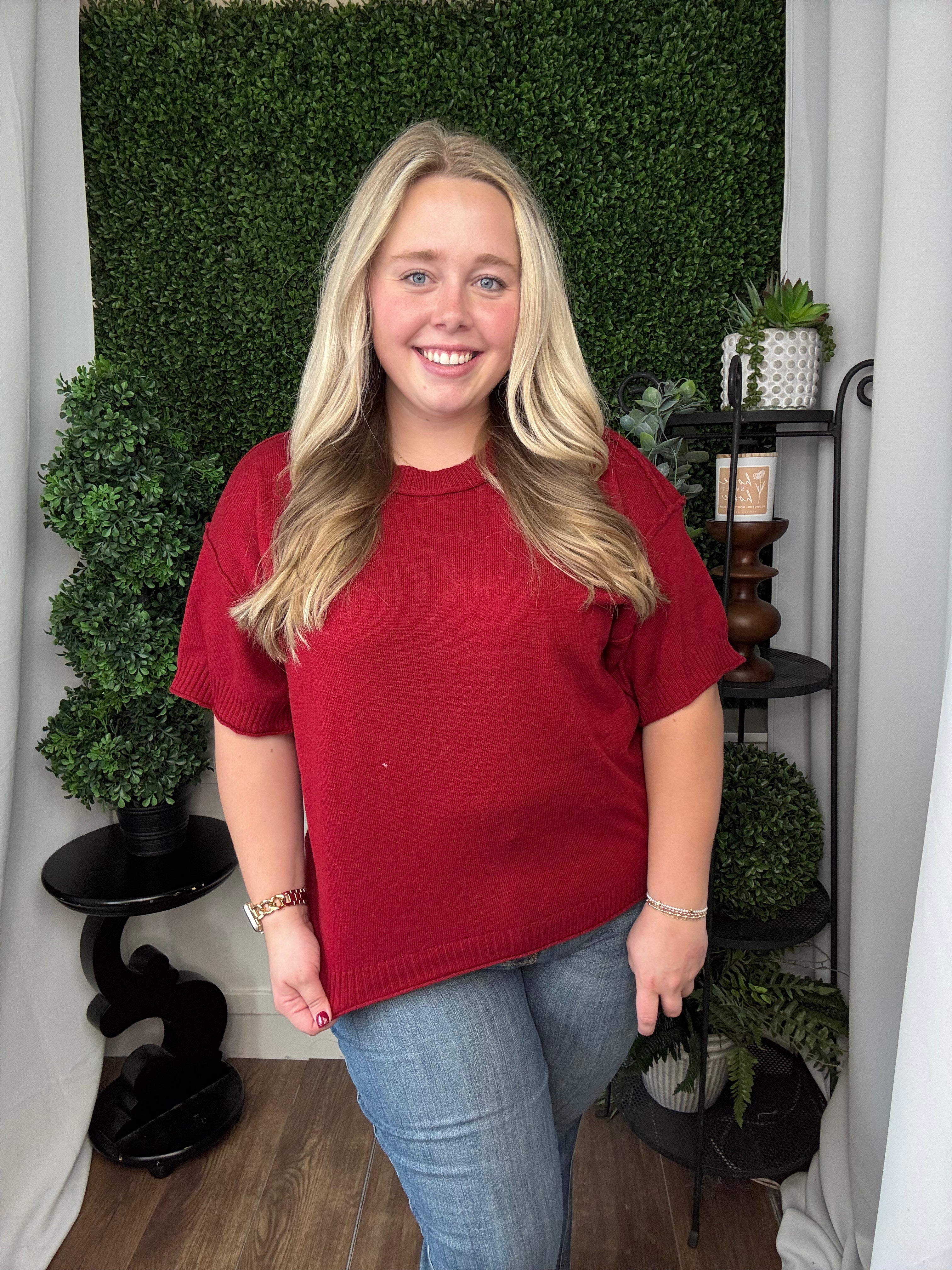 RAW EDGE ACCENT COMFY SWEATER TOP - BURGUNDY