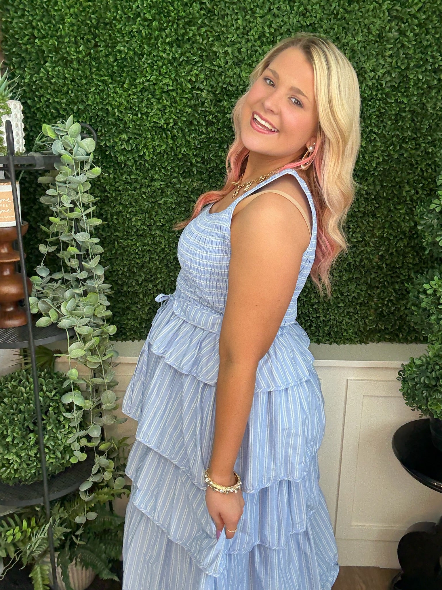 STRIPED TIERED RUFFLE MIDI DRESS - LT BLUE MULTI STRIPE