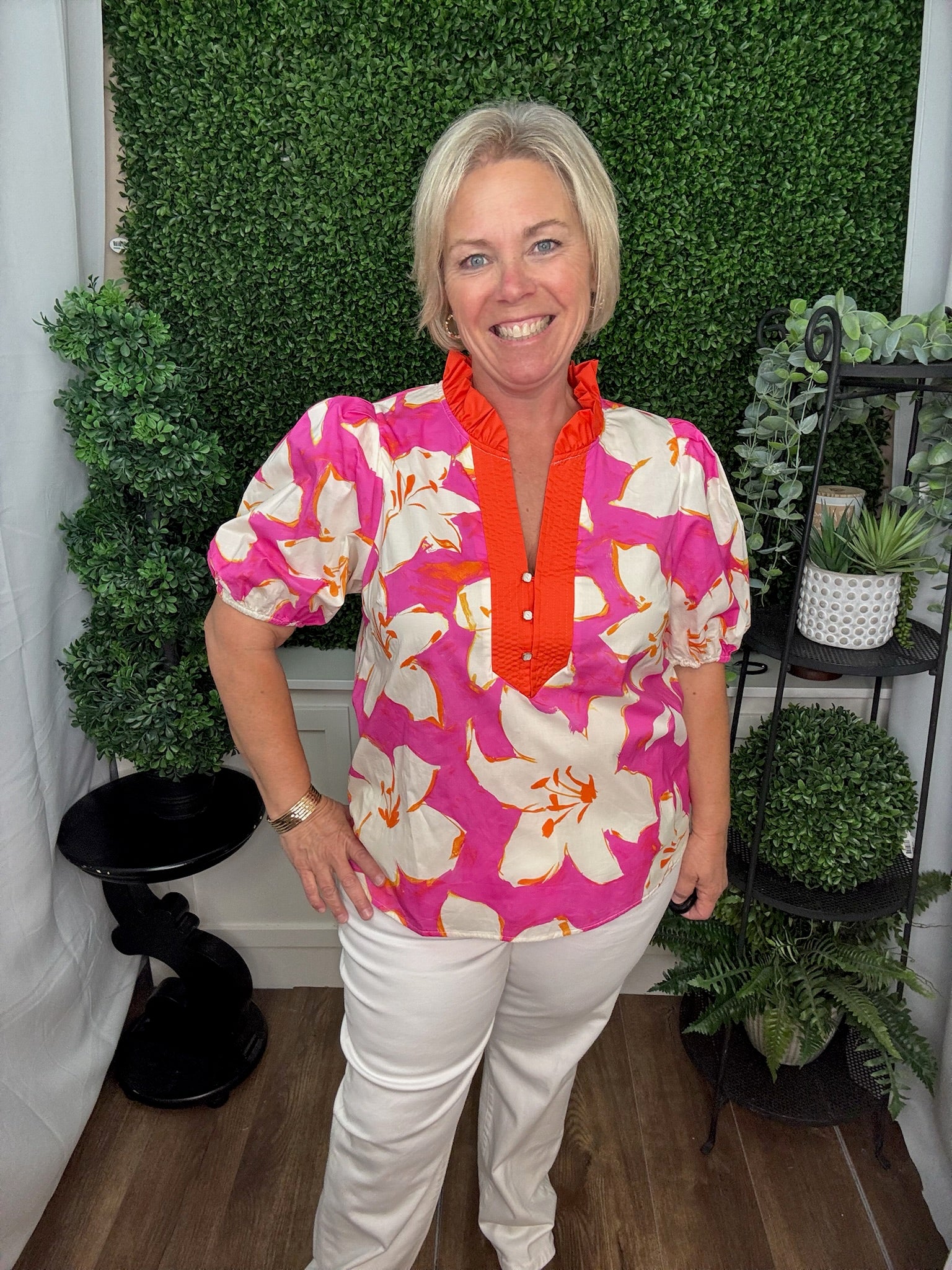 Sunset Bloom Ruffle Trim Blouse