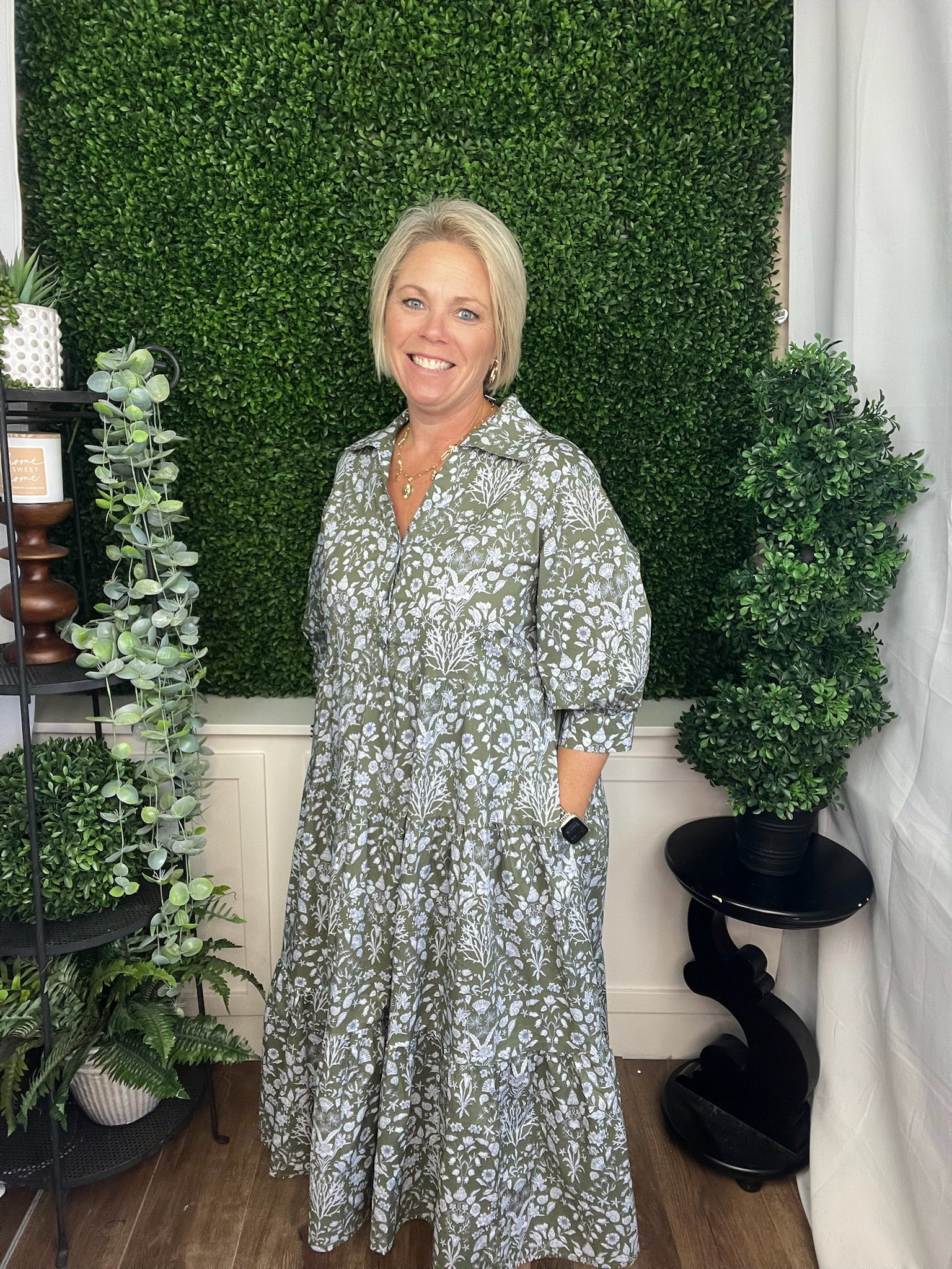 FLORAL PRINT CUFF 3/4 SLEEVE MIDI DRESS - OLIVE