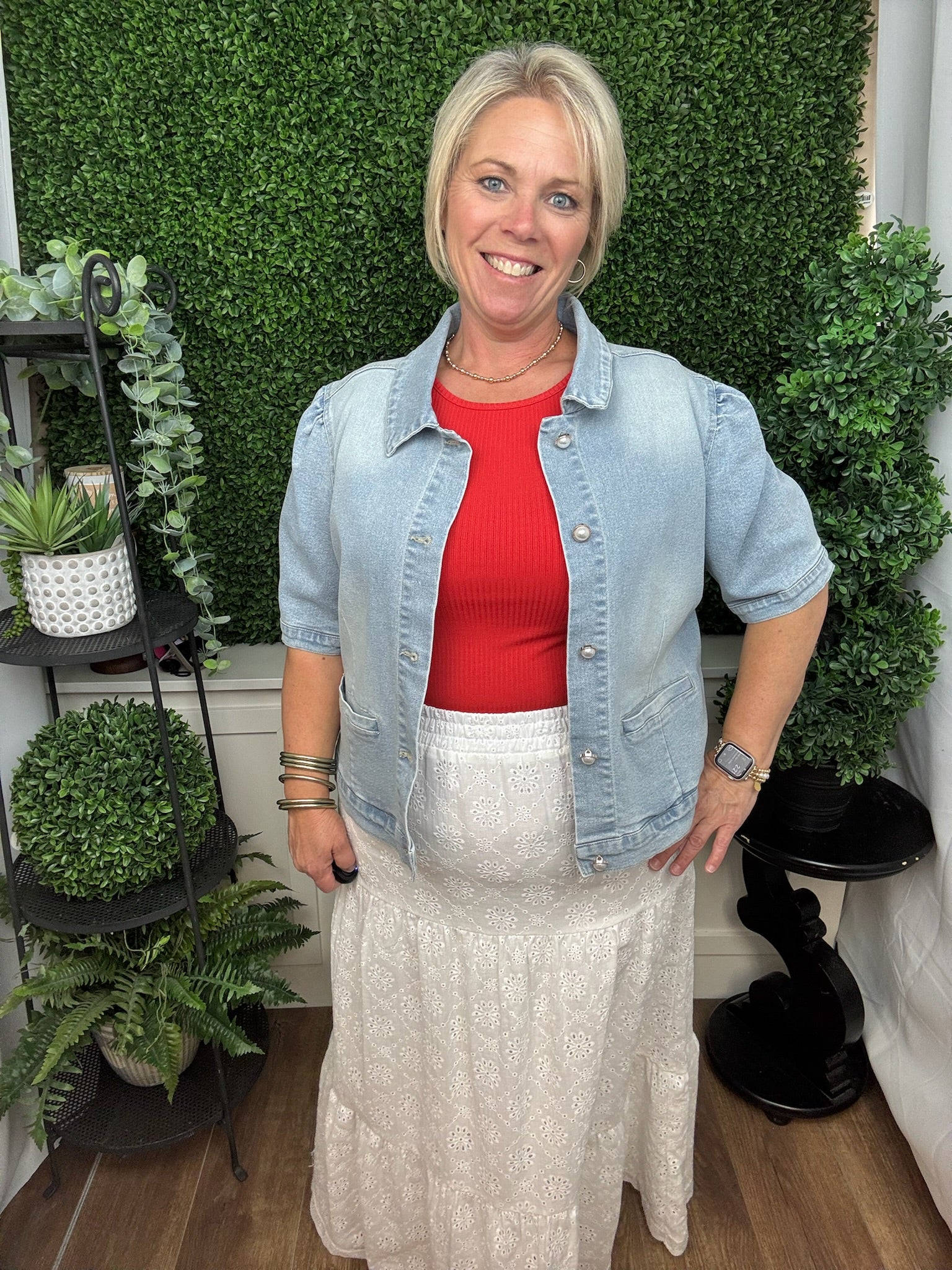 SHORT SLEEVE DENIM JACKET W/NOVELTY BUTTONS