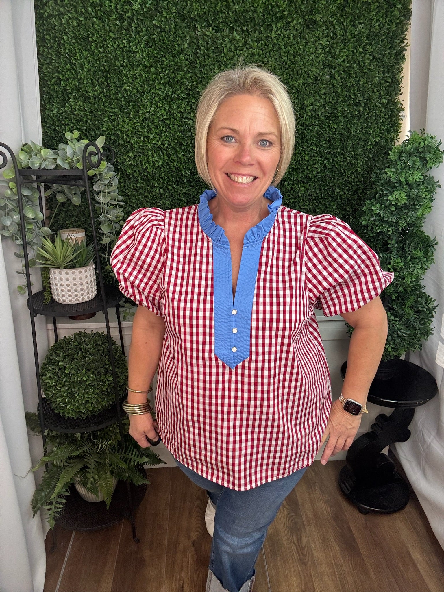 RED GINGHAM TOP WITH BLUE DETAIL