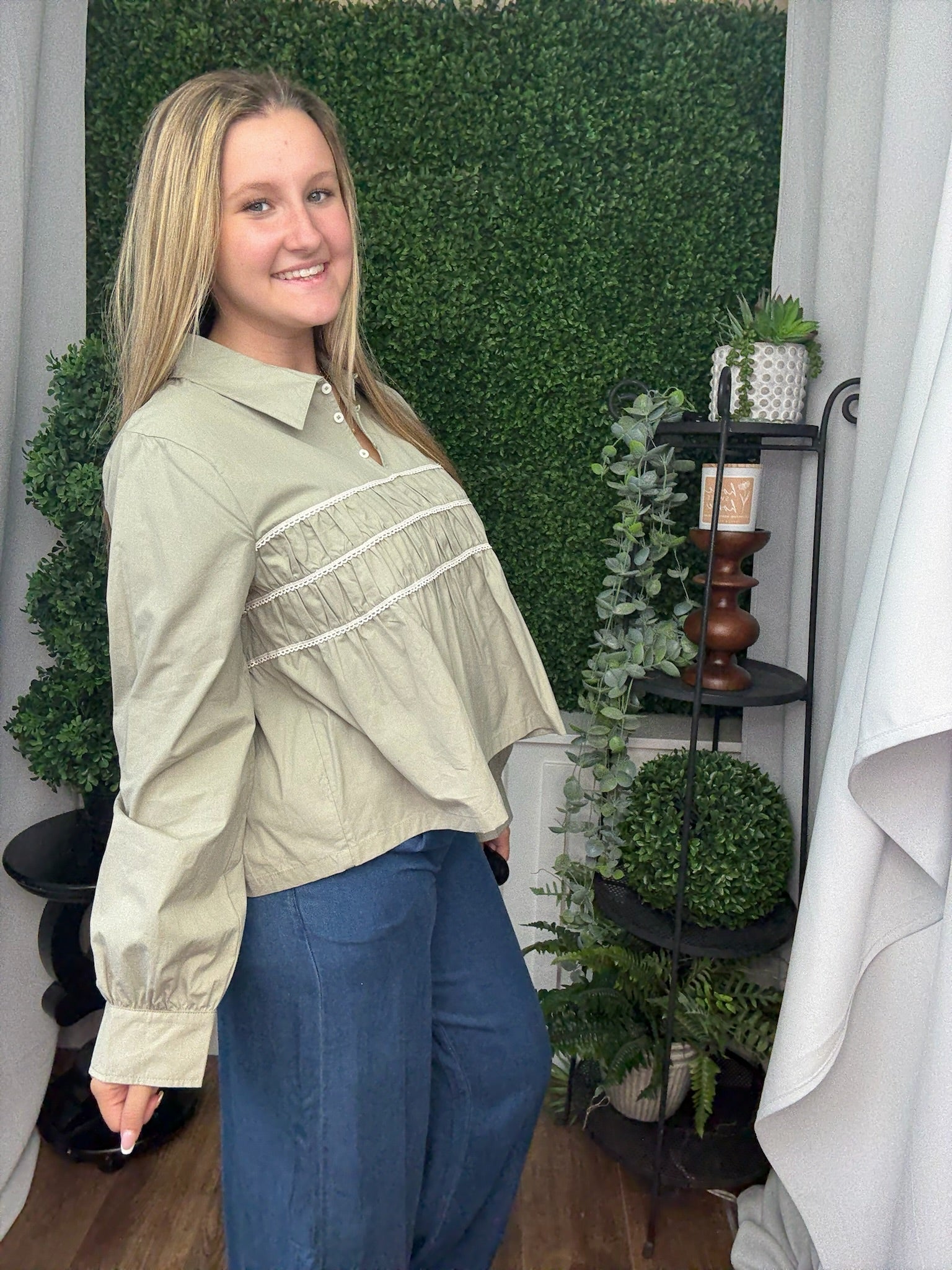 PEPLUM TRIM DETAIL SHIRT - MINT/ECRU