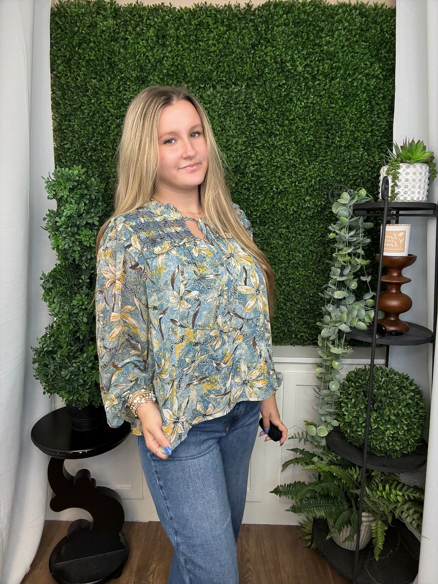 FLORAL PRINT SMOCKED TOP - INDIGO MULTI FLORAL