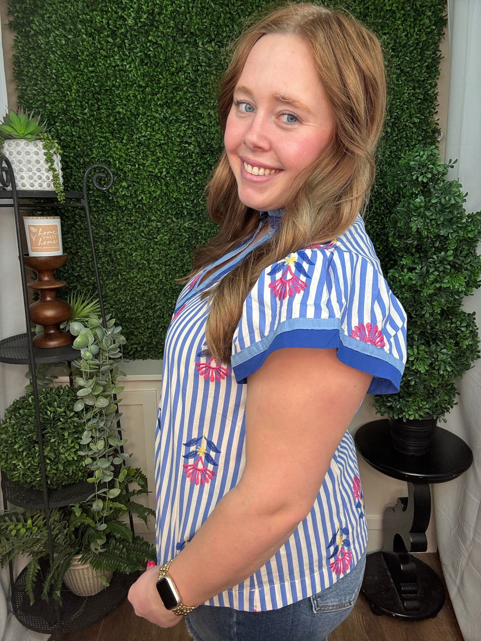 Embroidered Stripe V-Neck Blouse