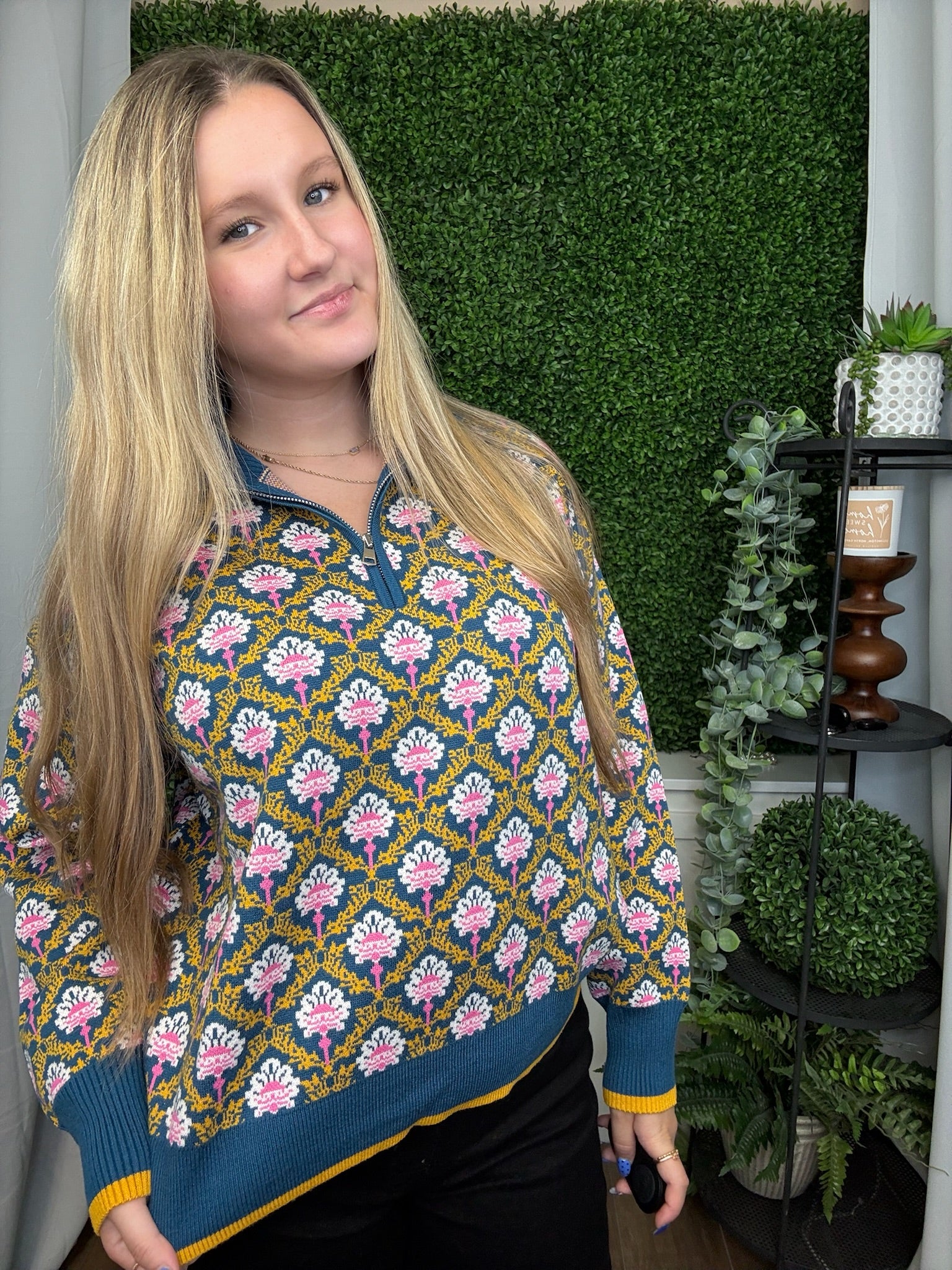 FLORAL MOCK NECK HALF ZIP PULLOVER - PEACOCK BLUE MULTI