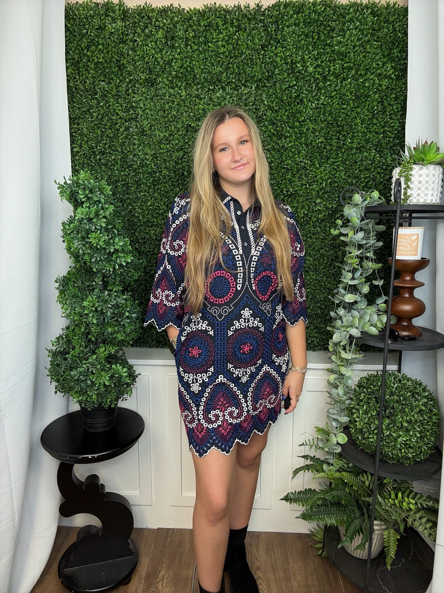 EMBROIDERED EYELET HALF SLEEVE MINI DRESS - NAVY