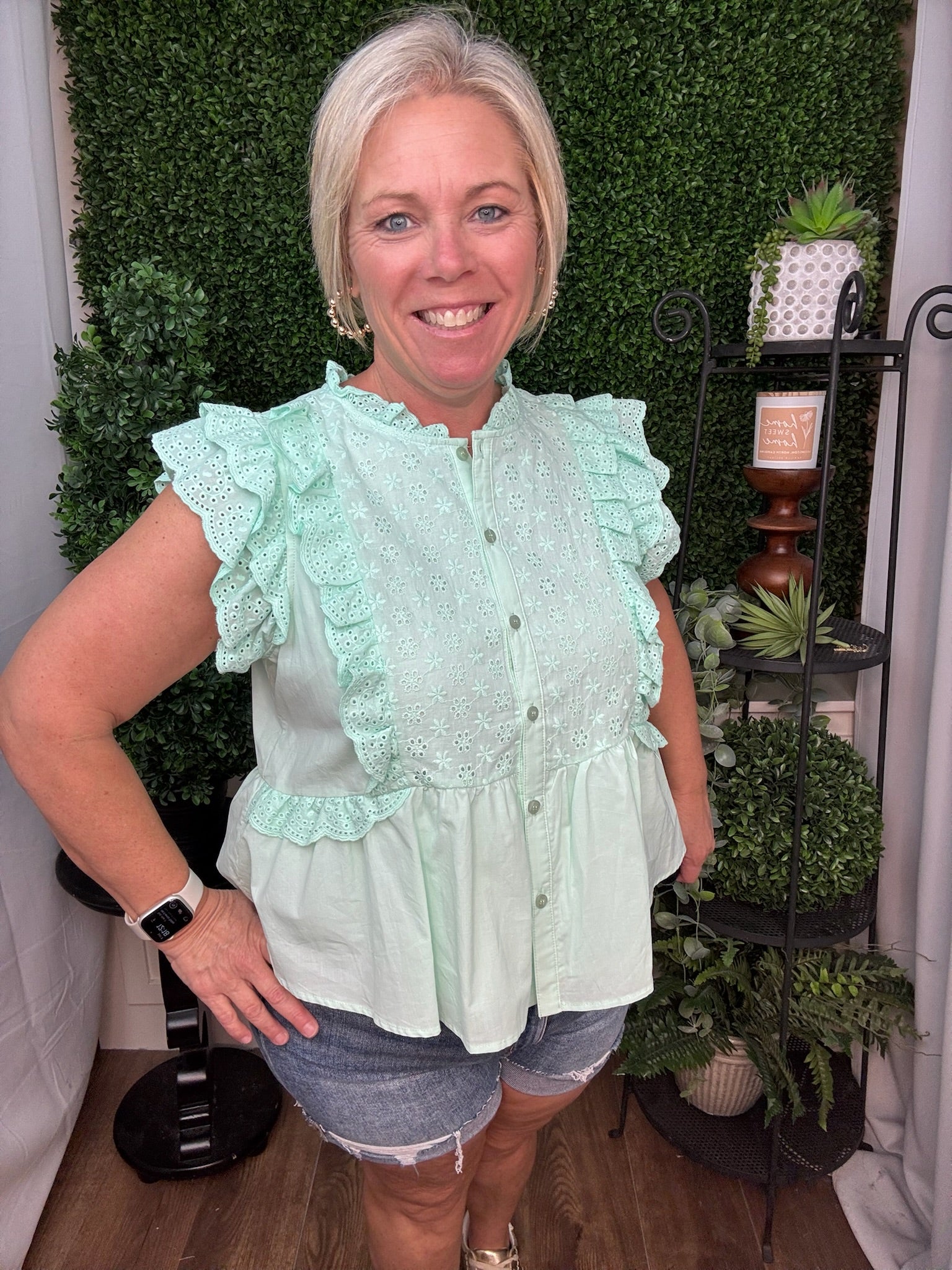 Mint Eyelet Ruffle Sleeve Blouse
