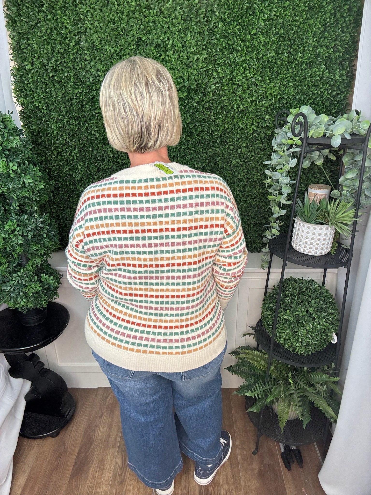 Multicolor Textured Stripe Long Sleeve Crew Neck Sweater