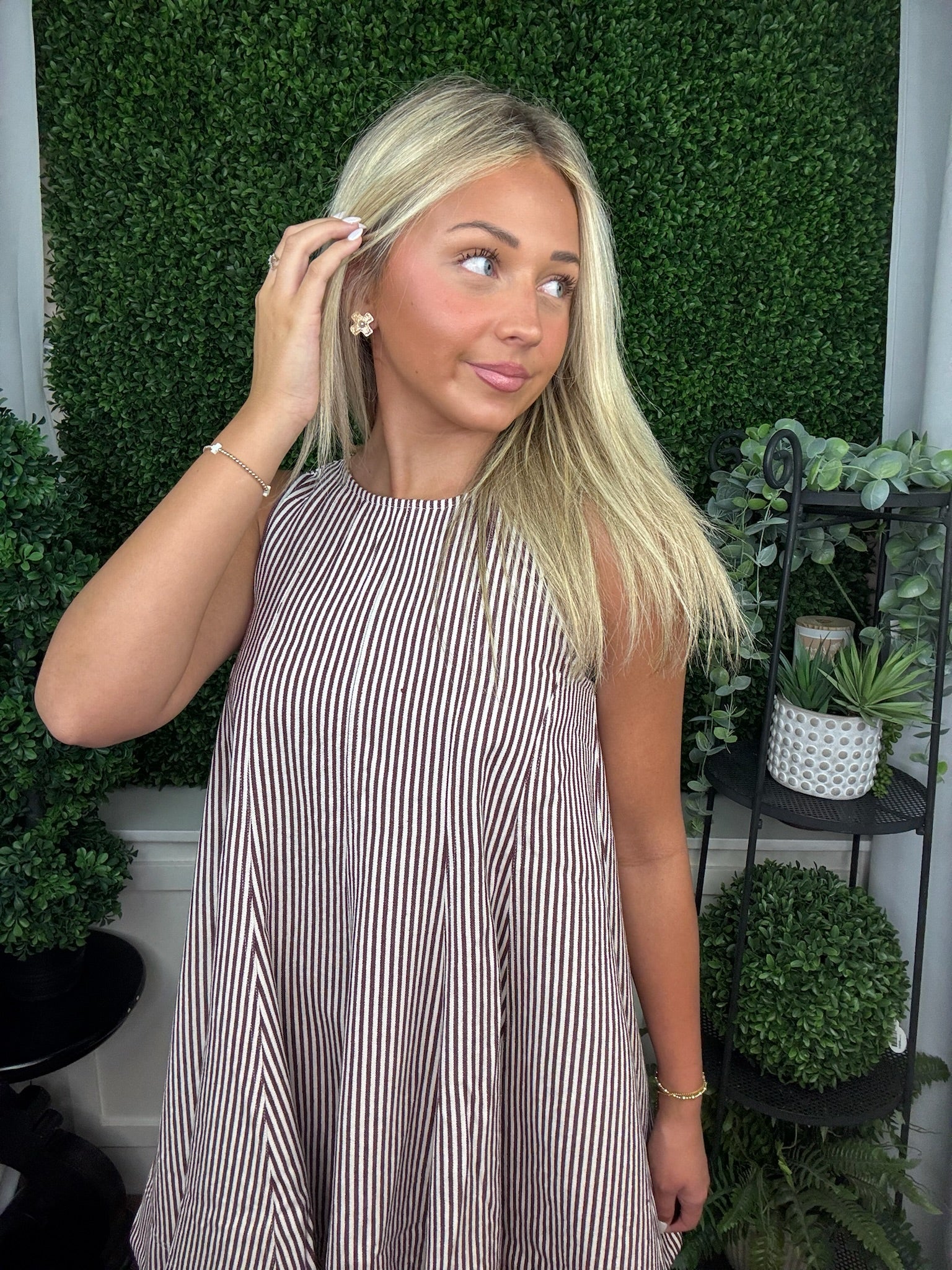 Brown Stripe Sleeveless Swing Midi Dress