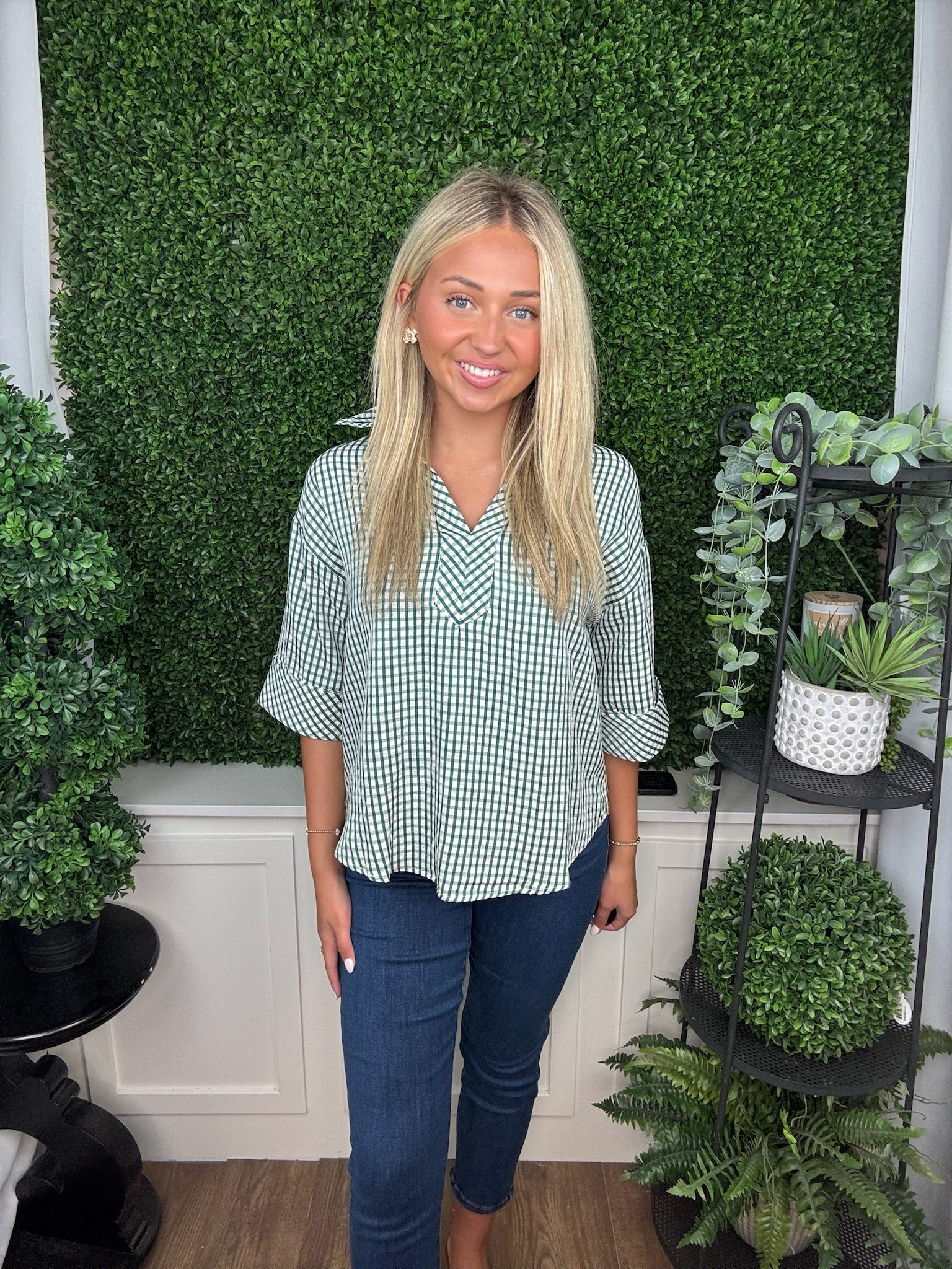GINGHAM COLLARED TOP - HUNTER GREEN